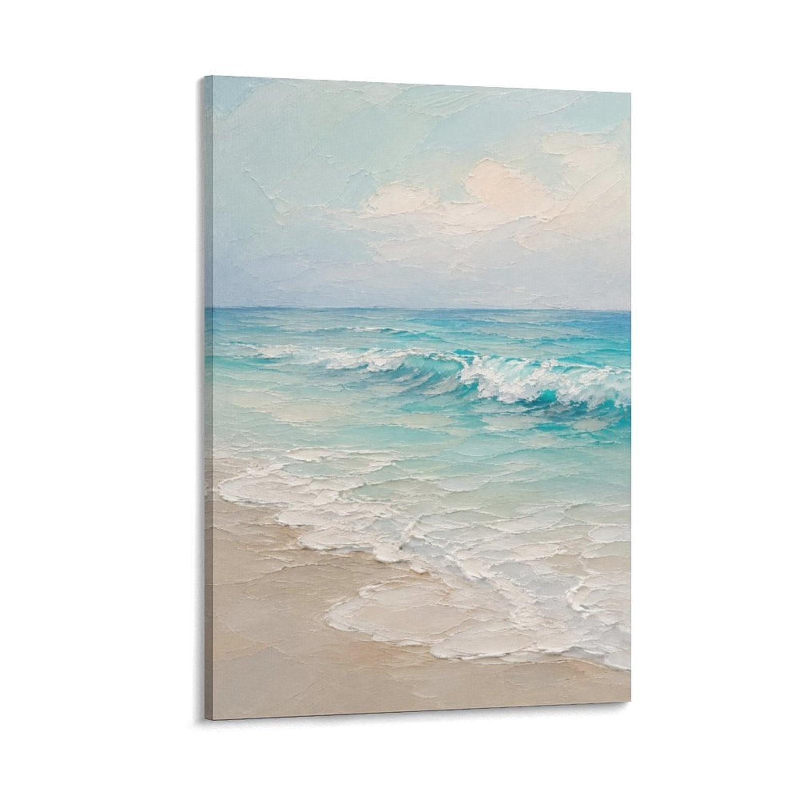 Serene Teal Beach Waves Coastal Oil Painting Framed Canvas Wall Art