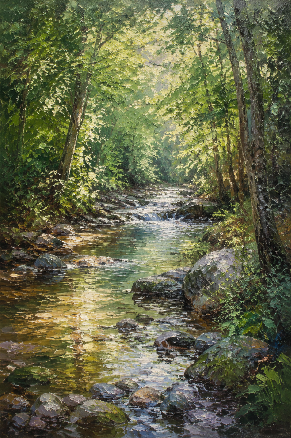 Sunlit Forest Stream Rocky Creek Framed Canvas Wall Art | Realist Nature Landscape Print