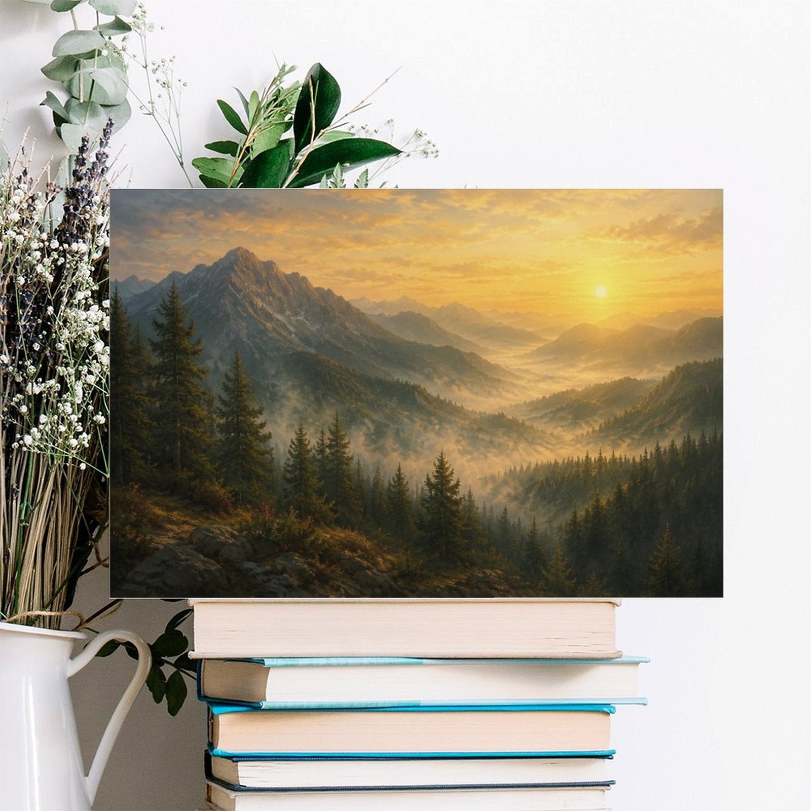 Alpine Mountain Valley Sunrise Framed Canvas Wall Art | Old Master Golden Landscape Print