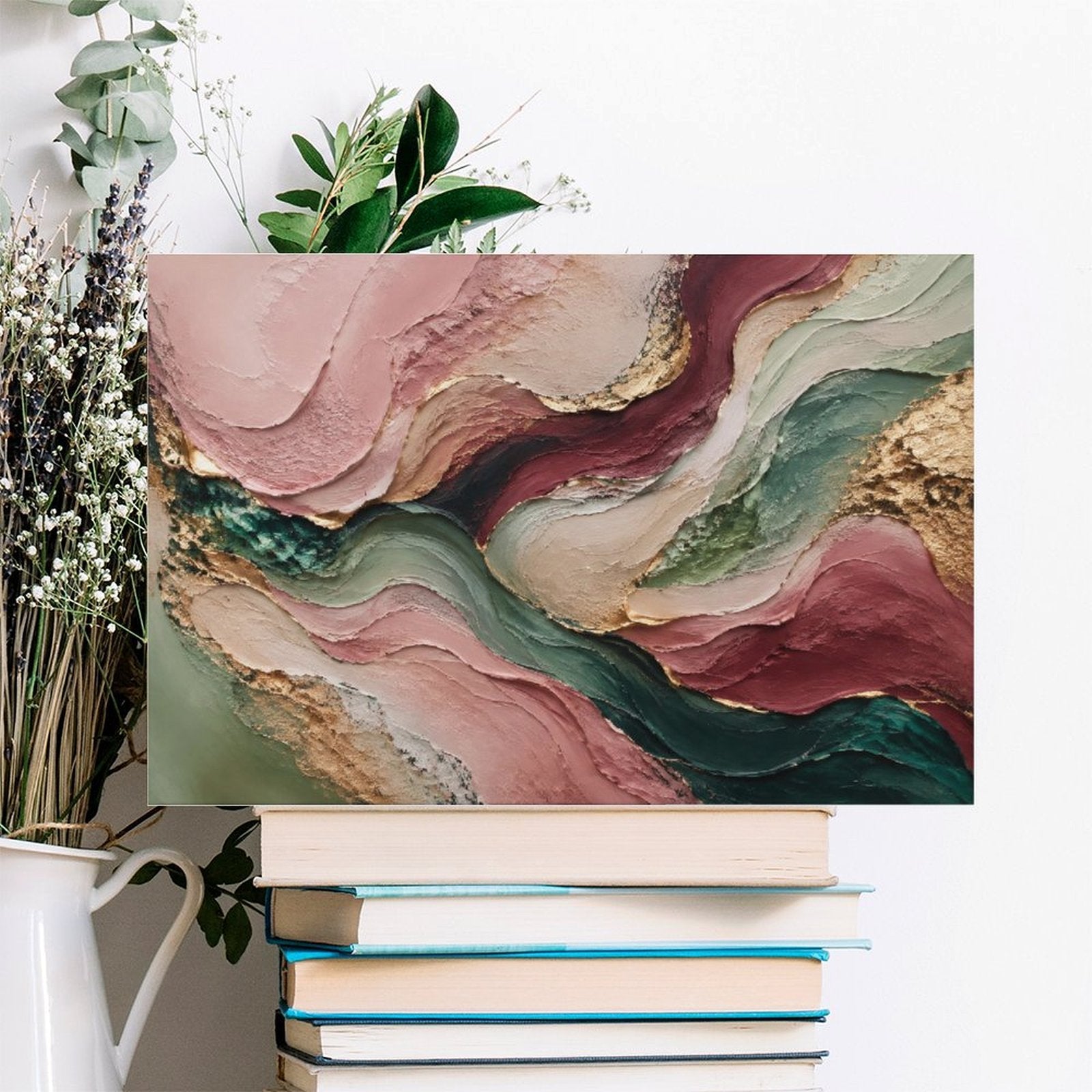 Rose Gold Teal Flowing Wave Textured Abstract Framed Canvas Wall Art | Luxury Palette Knife Print