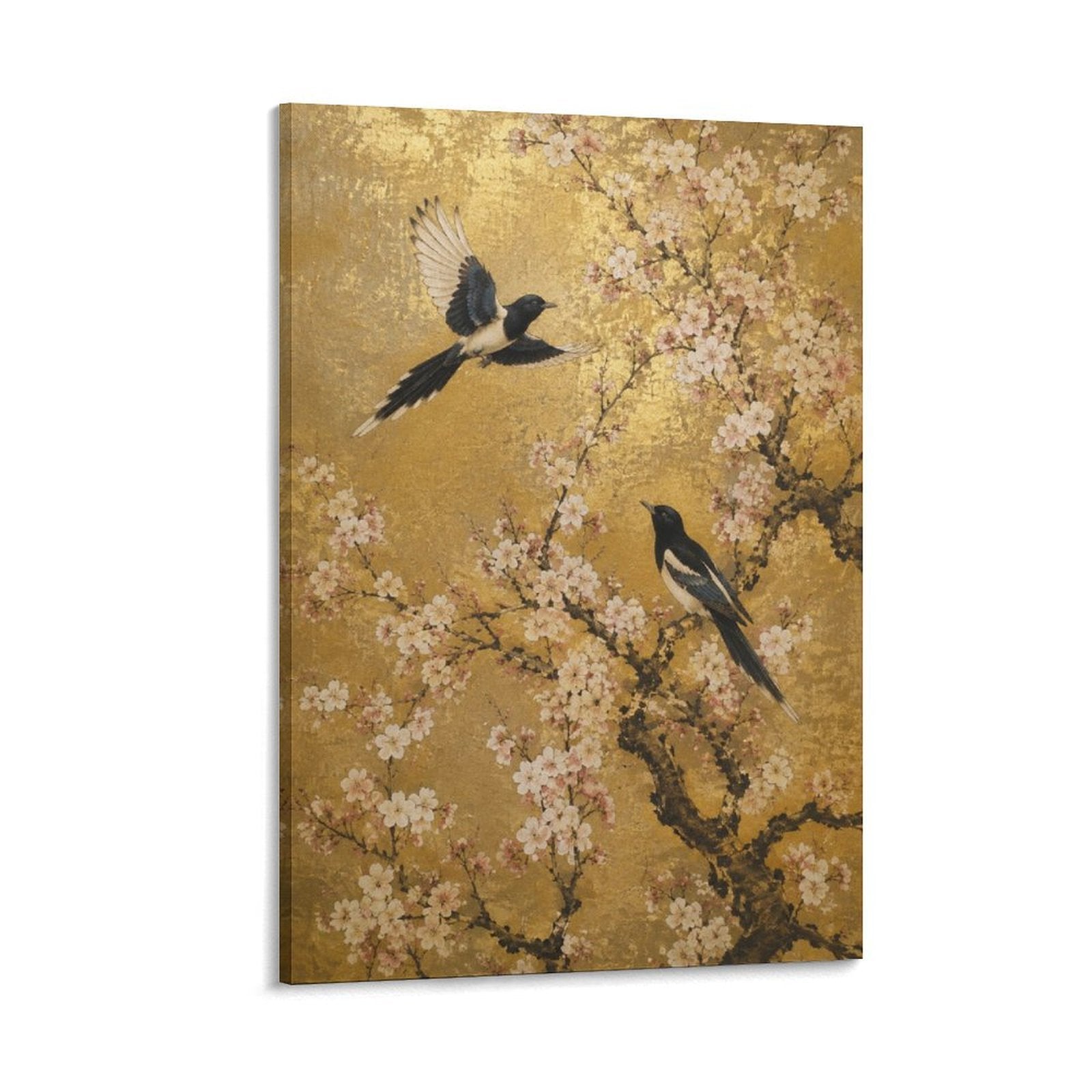 Magpies and Cherry Blossom Gold Asian Floral Bird Framed Canvas Wall Art