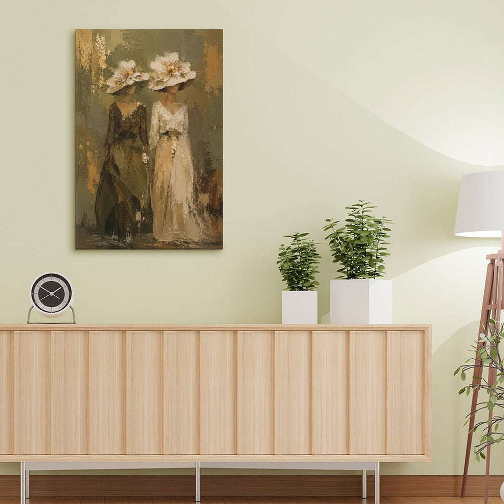 Two Elegant Women Floral Hat Vintage Framed Canvas Wall Art | Old Master Figurative Print