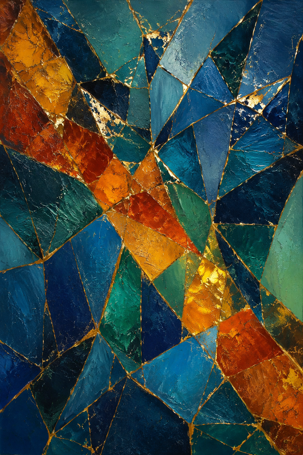 Teal Orange Gold Mosaic Stained Glass Abstract Framed Canvas Wall Art | Jewel Tone Geometric Print