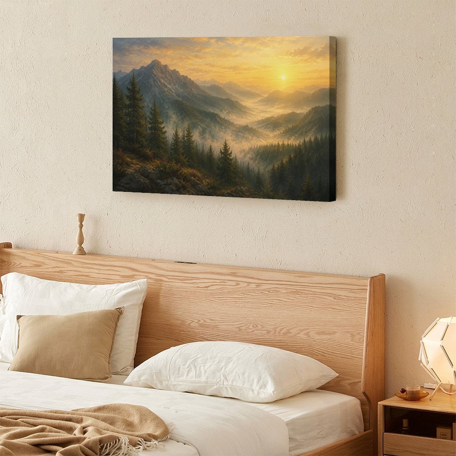 Alpine Mountain Valley Sunrise Framed Canvas Wall Art | Old Master Golden Landscape Print