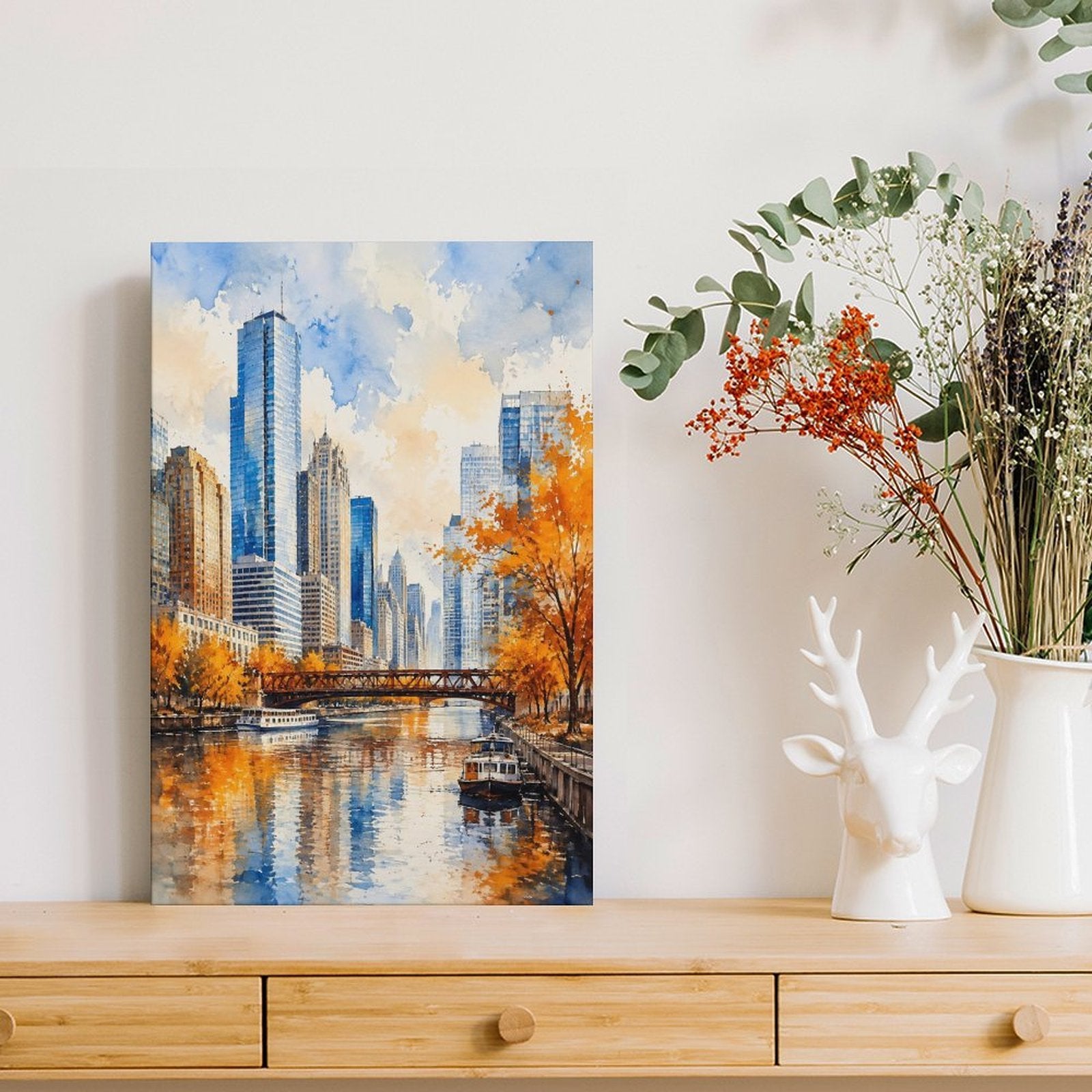 Chicago River Autumn Skyline Watercolor Framed Canvas Wall Art | Impressionist City Print