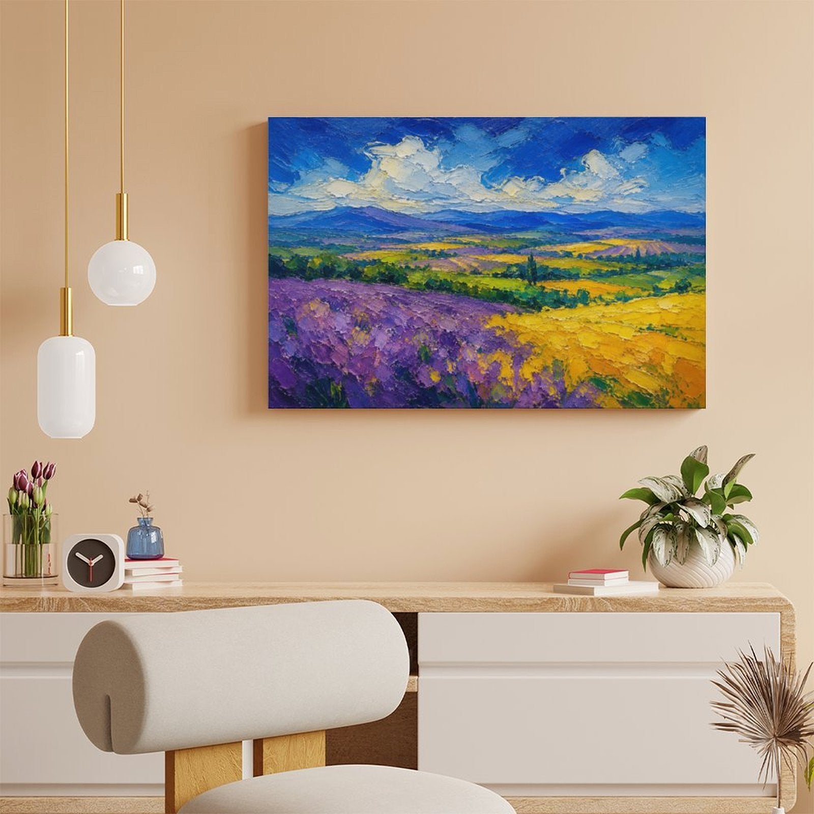 Provence Lavender Field Impressionist Framed Canvas Wall Art | Purple Yellow Landscape Textured Print