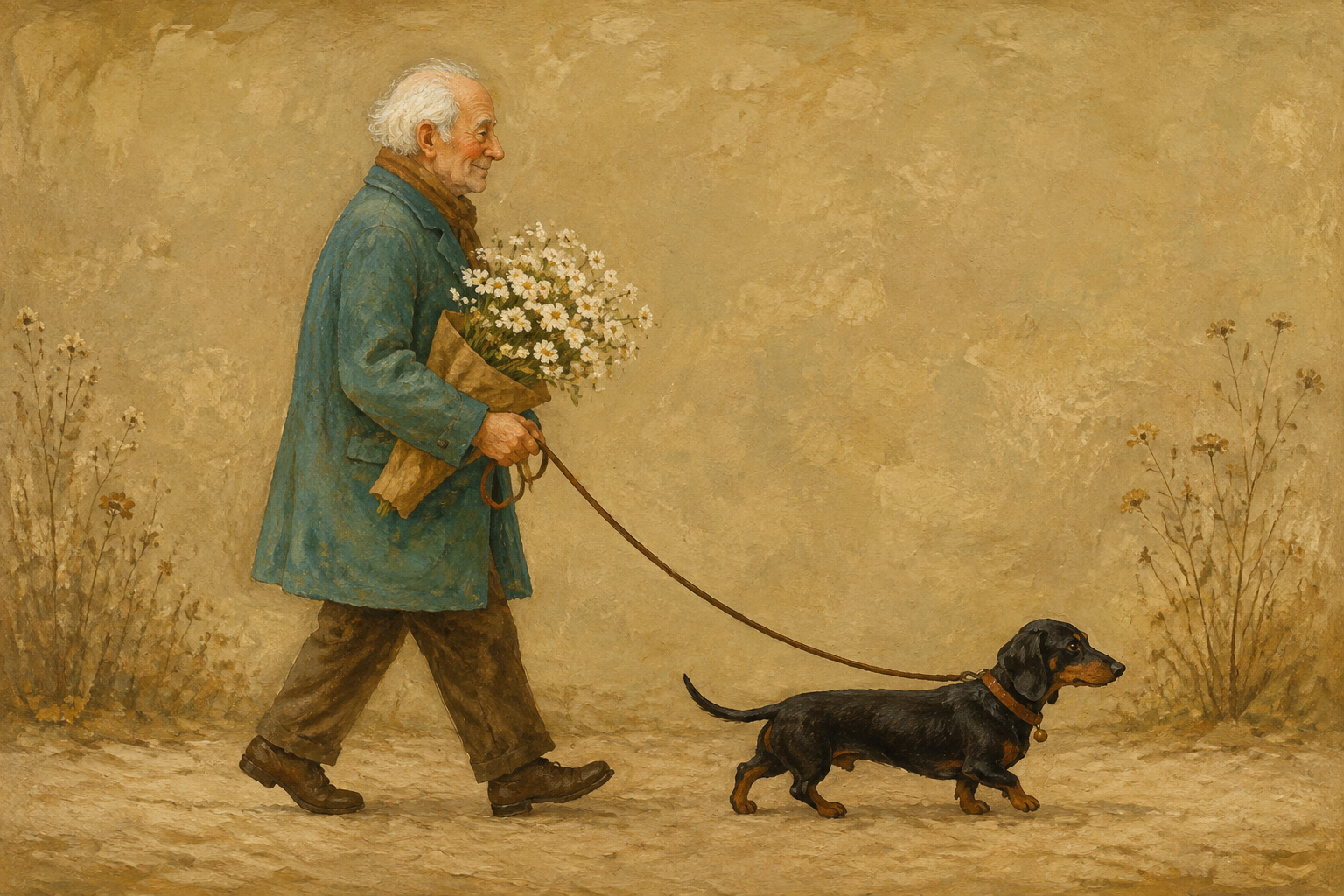 Old Man Walking Dachshund with Daisies Framed Canvas Wall Art | Vintage Heartwarming Dog Print