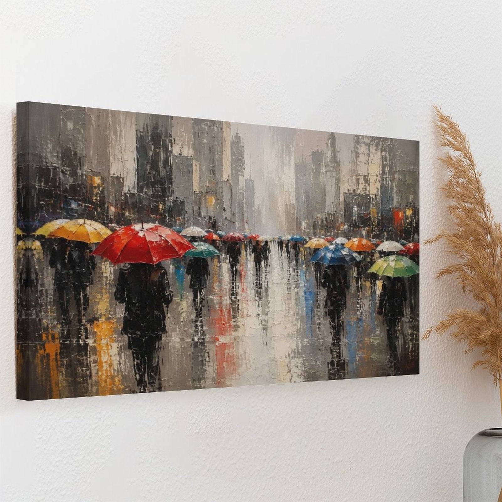 Rainy City Street Colorful Umbrellas Framed Canvas Wall Art | Impressionist Urban Scene Print