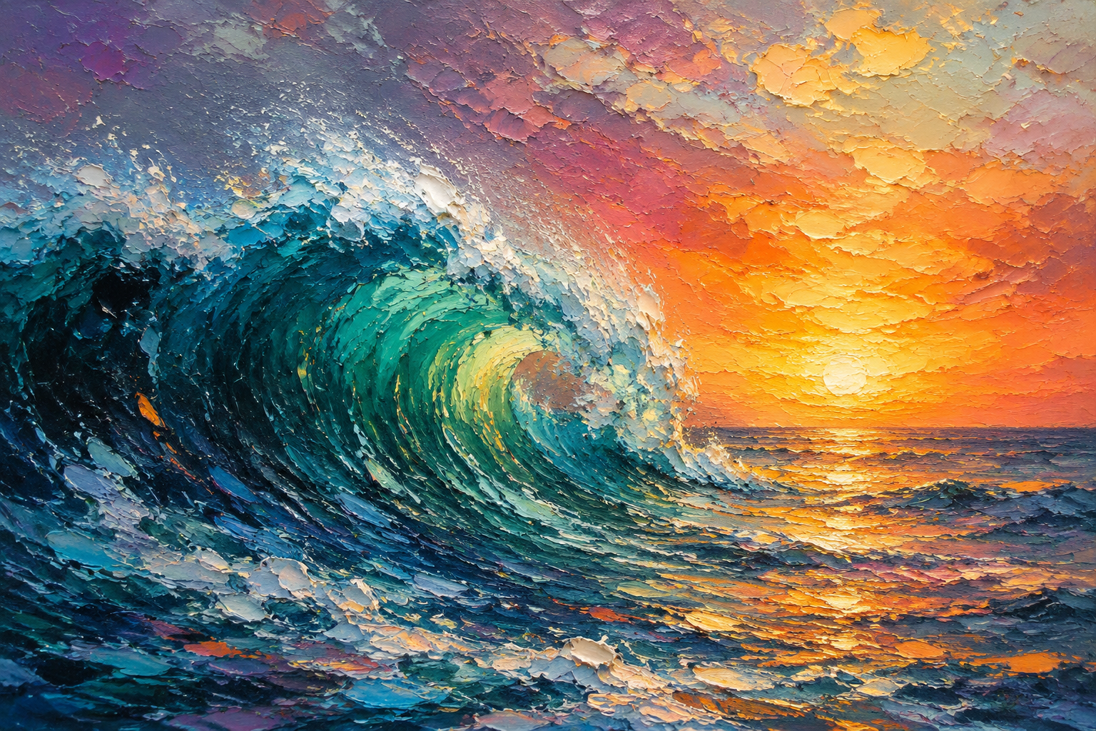 Crashing Ocean Wave Sunset Framed Canvas Wall Art | Impressionist Seascape Print