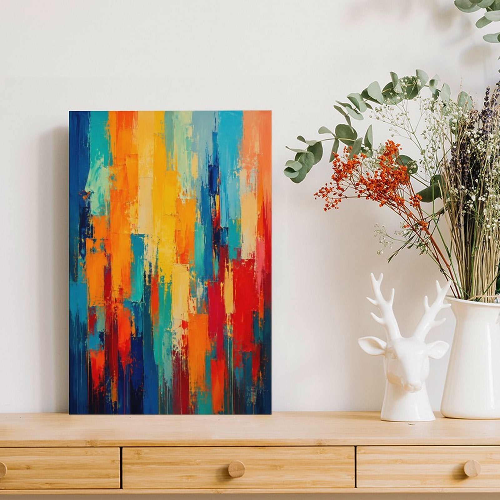Bold Vertical Color Block Abstract Framed Canvas Wall Art | Navy Orange Red Teal Expressionist Print