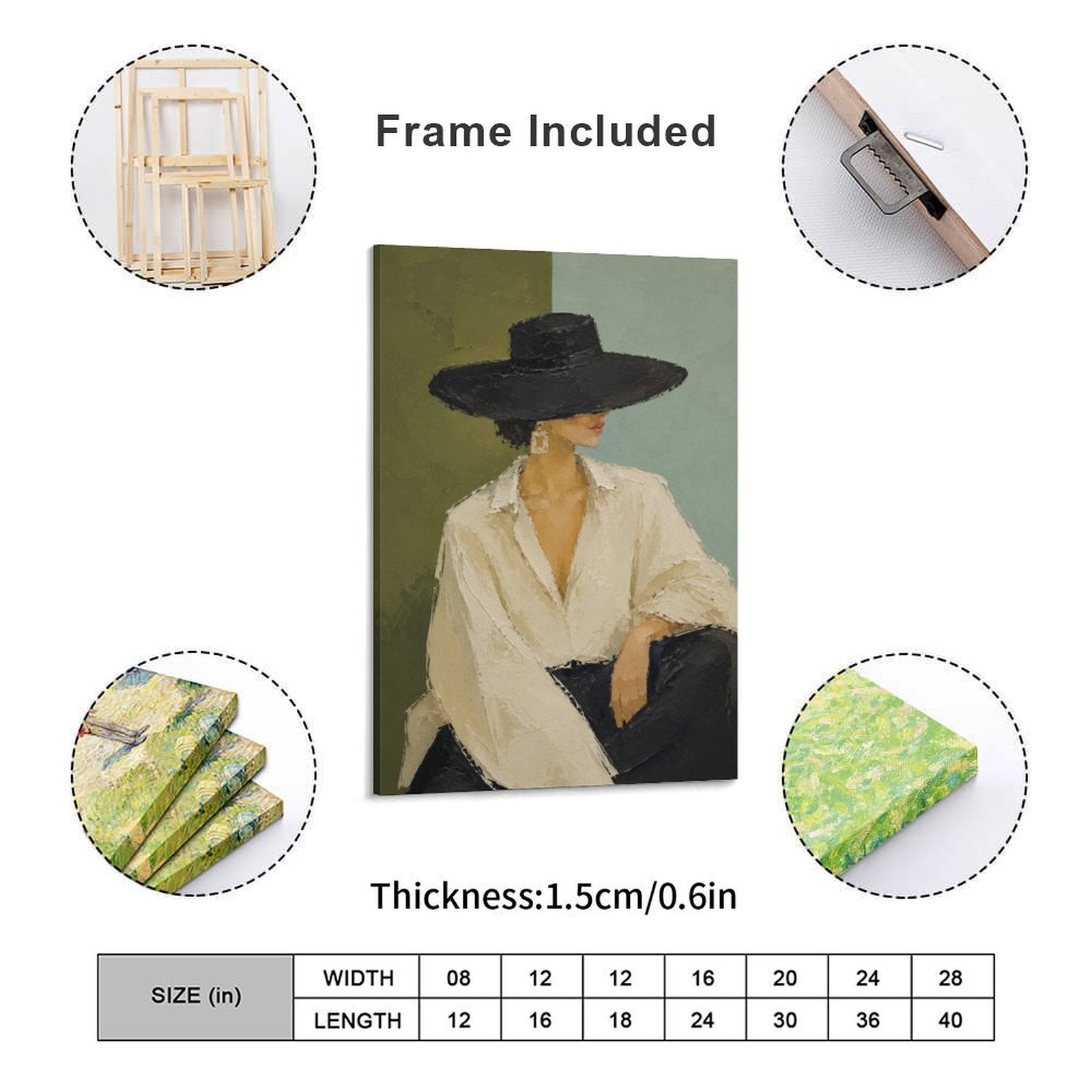 Minimalist Woman Black Hat White Shirt Framed Canvas Wall Art | Modern Fashion Portrait Print