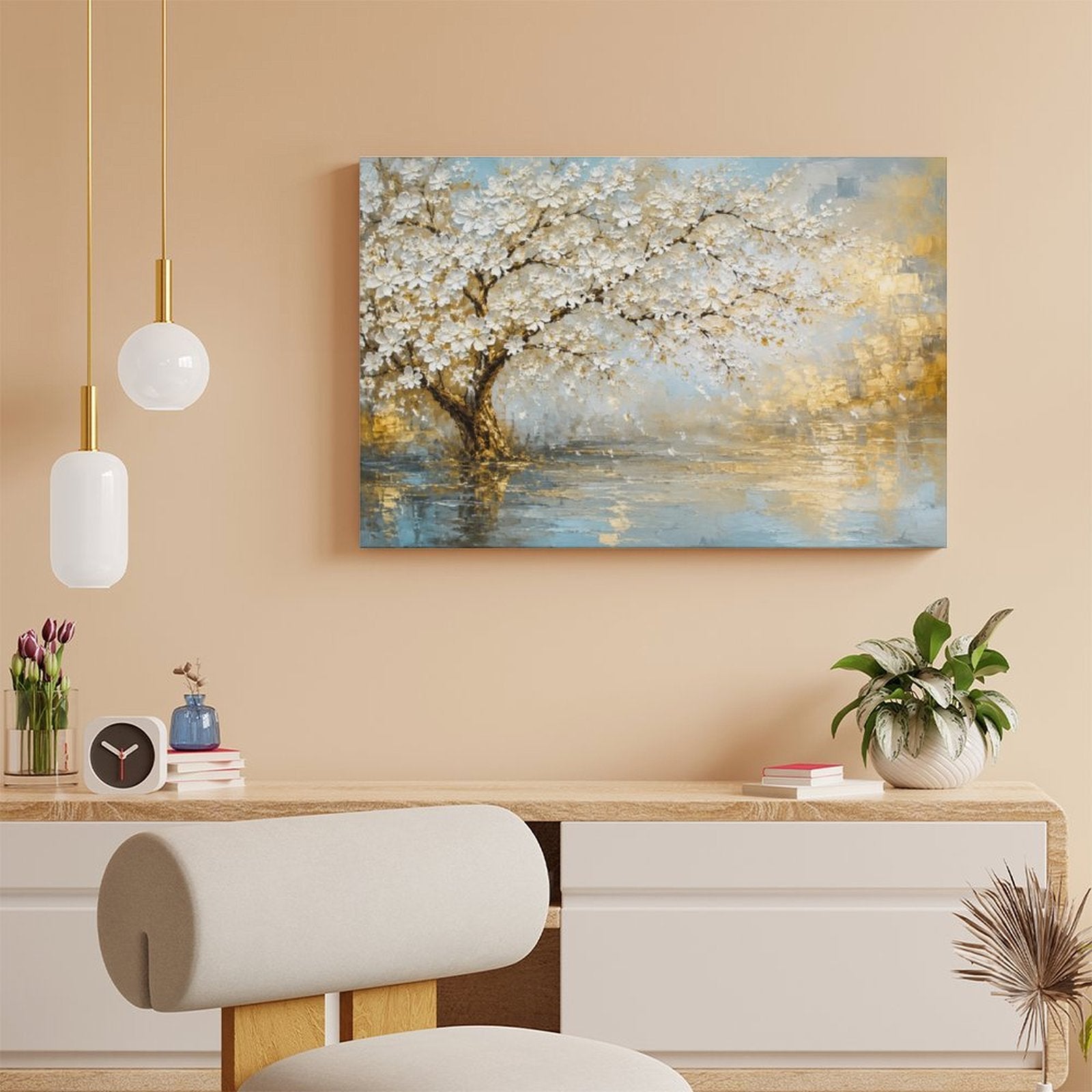 White Blossom Tree Lake Reflection Framed Canvas Wall Art | Gold Blue Textured Landscape Print