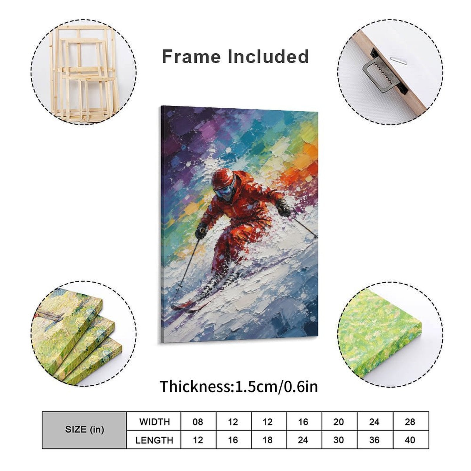 Dynamic Skier Red Suit Colorful Abstract Framed Canvas Wall Art | Winter Sports Textured Print
