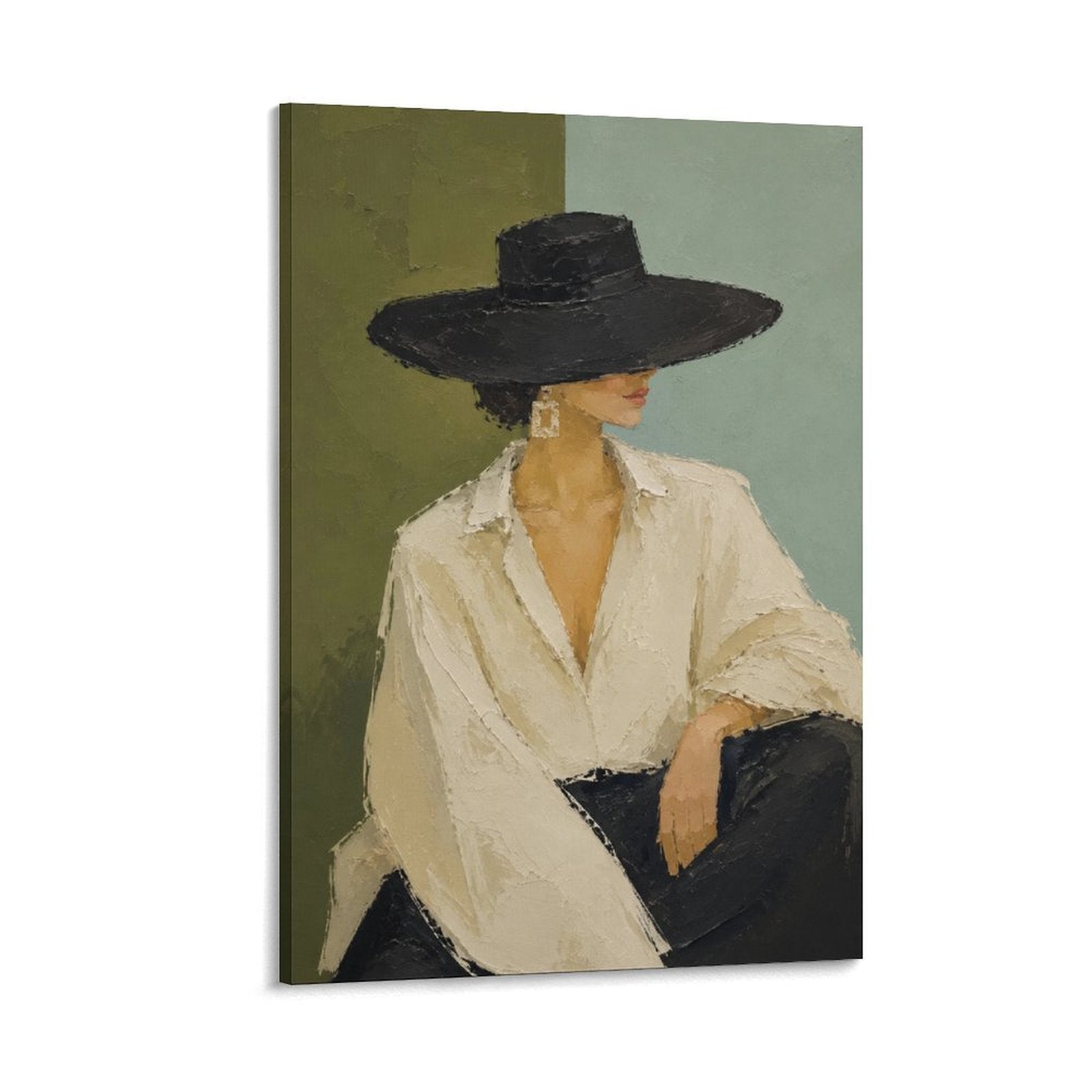 Minimalist Woman Black Hat White Shirt Modern Fashion Portrait Framed Canvas Wall Art