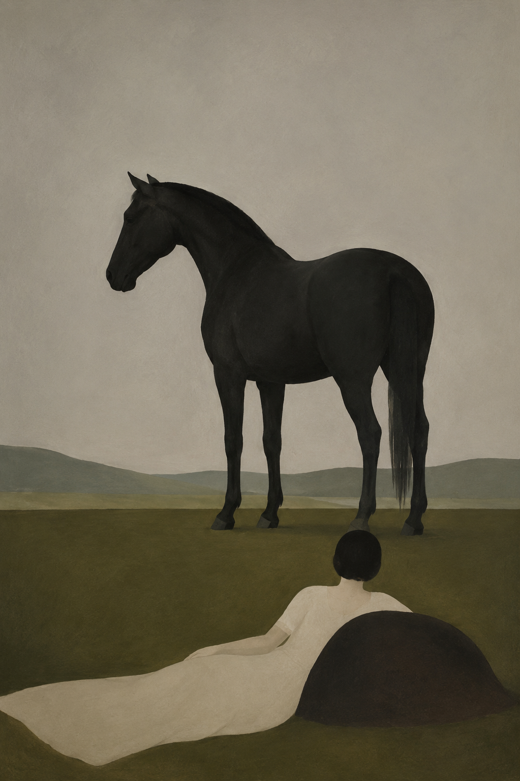 Woman & Black Horse Minimalist Framed Canvas Wall Art | Moody Figurative Print