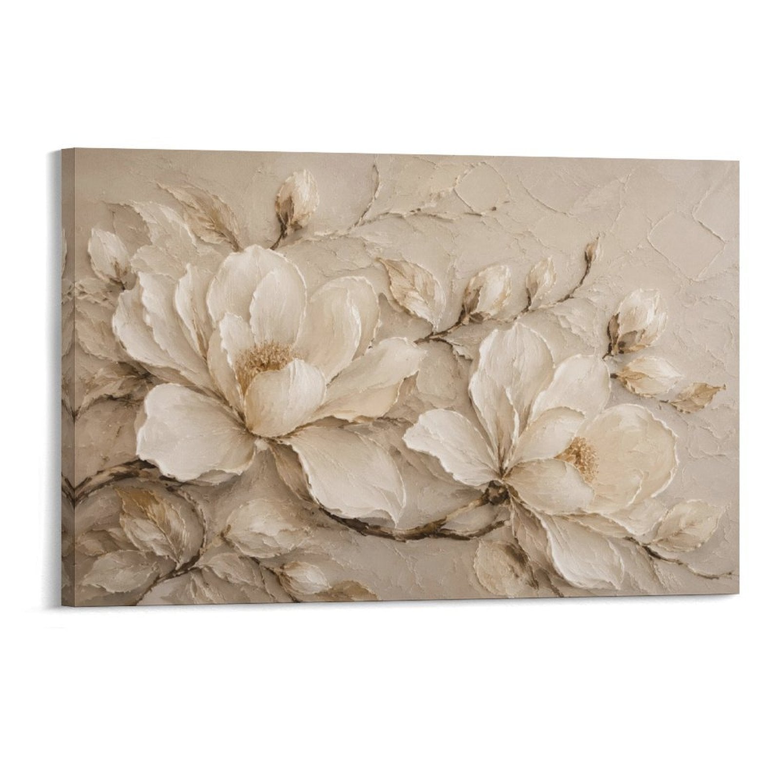 Cream Magnolia Textured Relief Neutral Luxury Floral Framed Canvas Wall Art