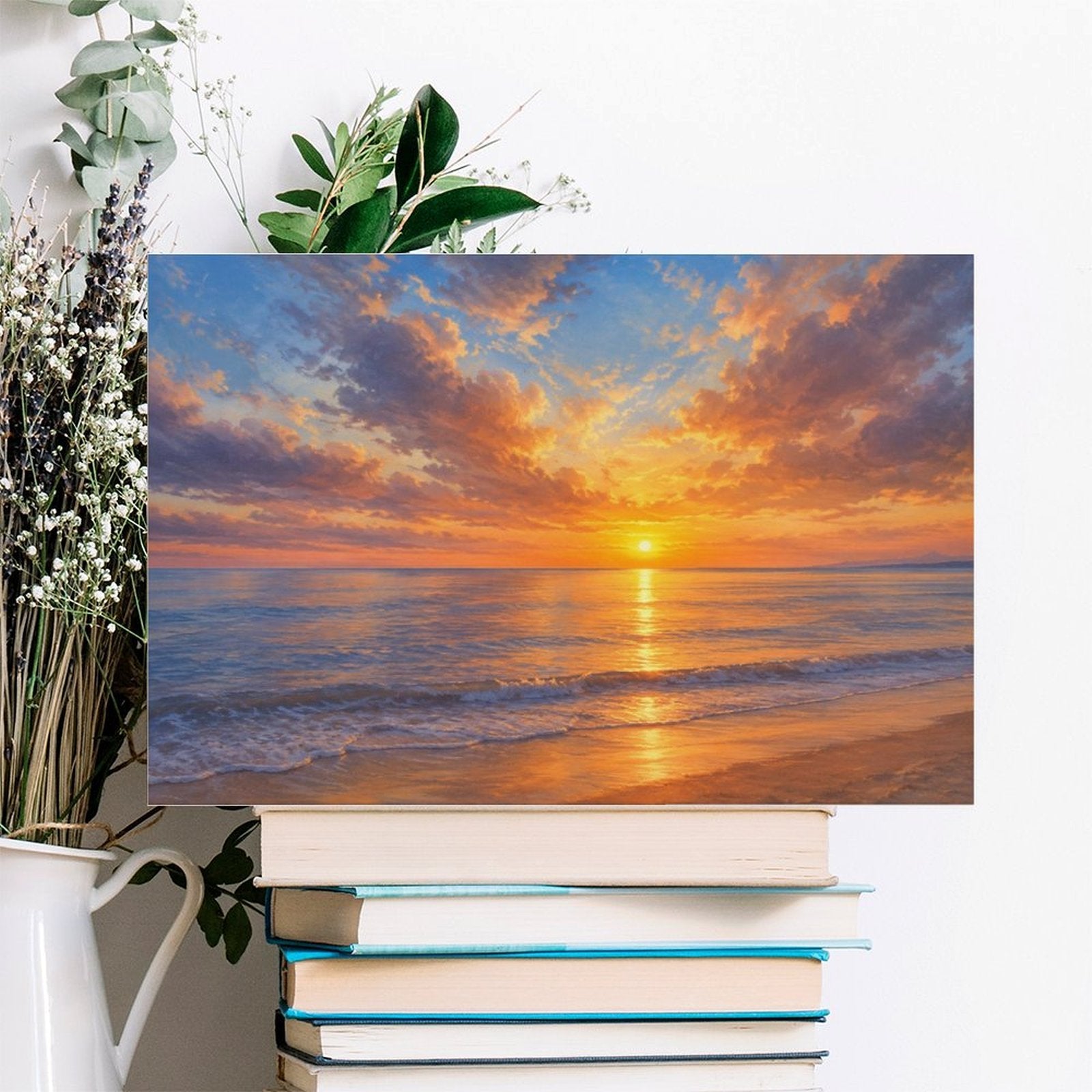 Golden Beach Sunset Framed Canvas Wall Art | Coastal Ocean Seascape Oil Painting Print