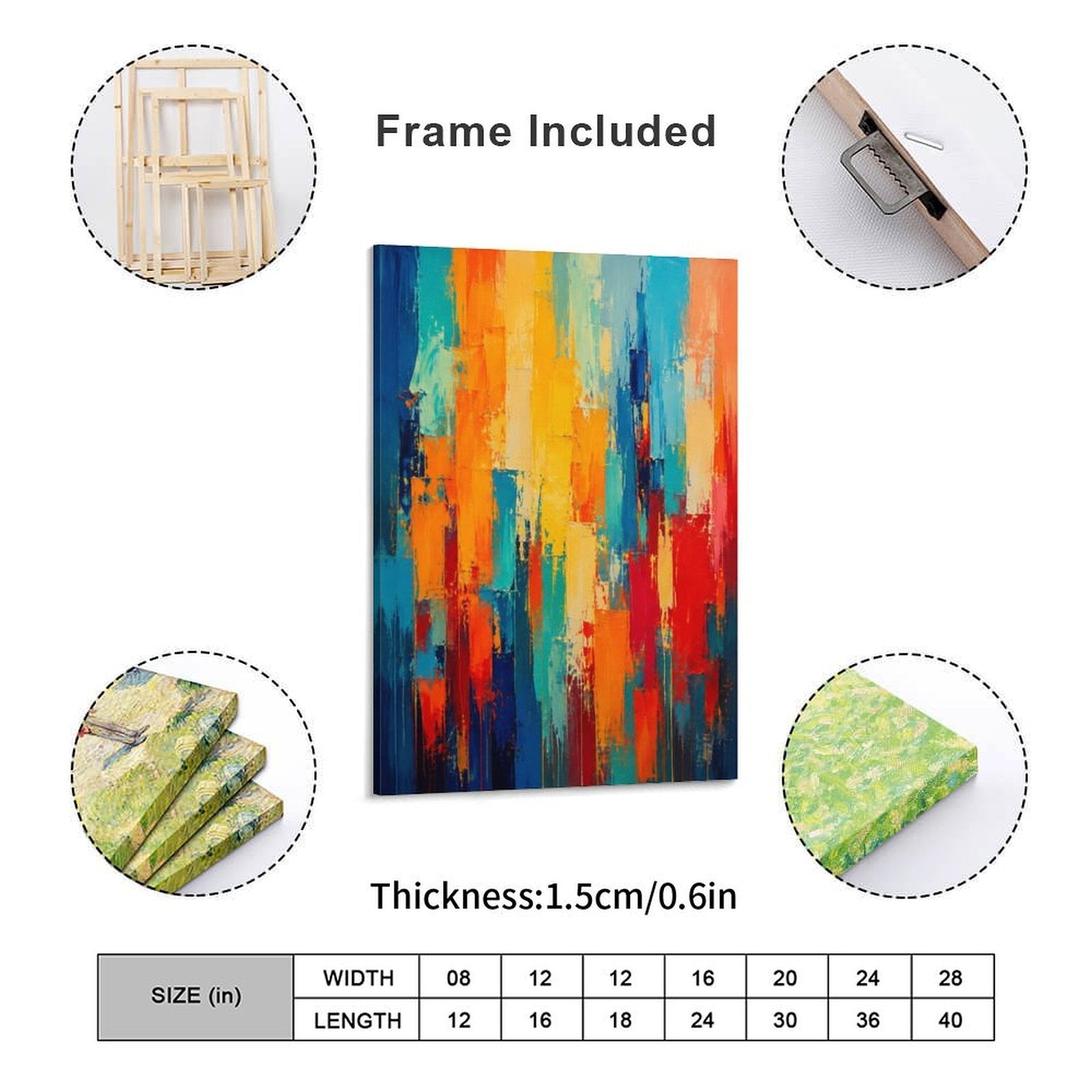 Bold Vertical Color Block Abstract Framed Canvas Wall Art | Navy Orange Red Teal Expressionist Print