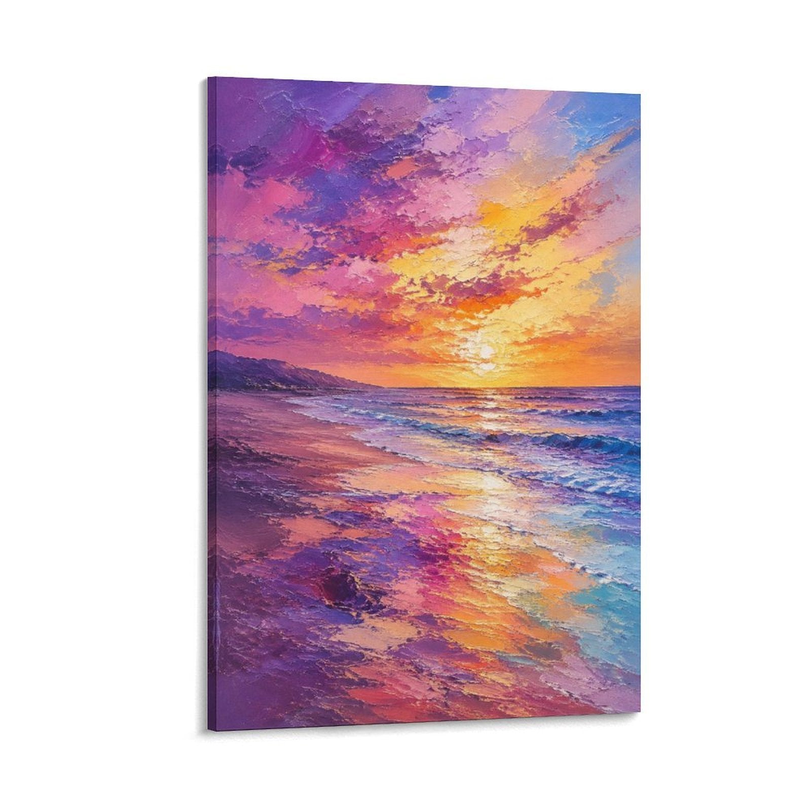 Purple Orange Sunset Beach Vibrant Coastal Seascape Framed Canvas Wall Art
