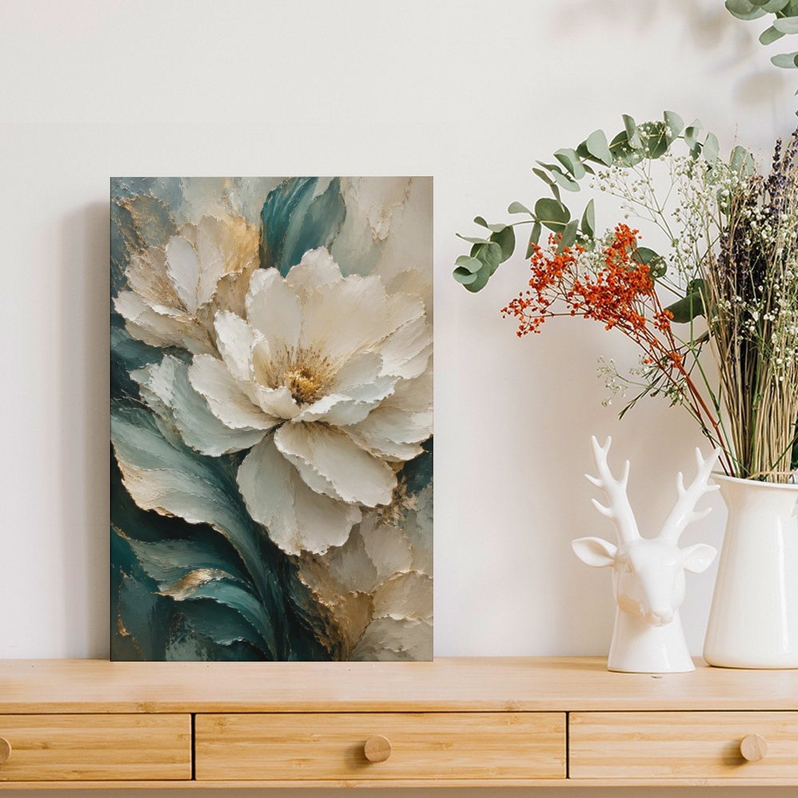 Cream White Peony Gold Botanical Framed Canvas Wall Art | Teal Green Floral Textured Print