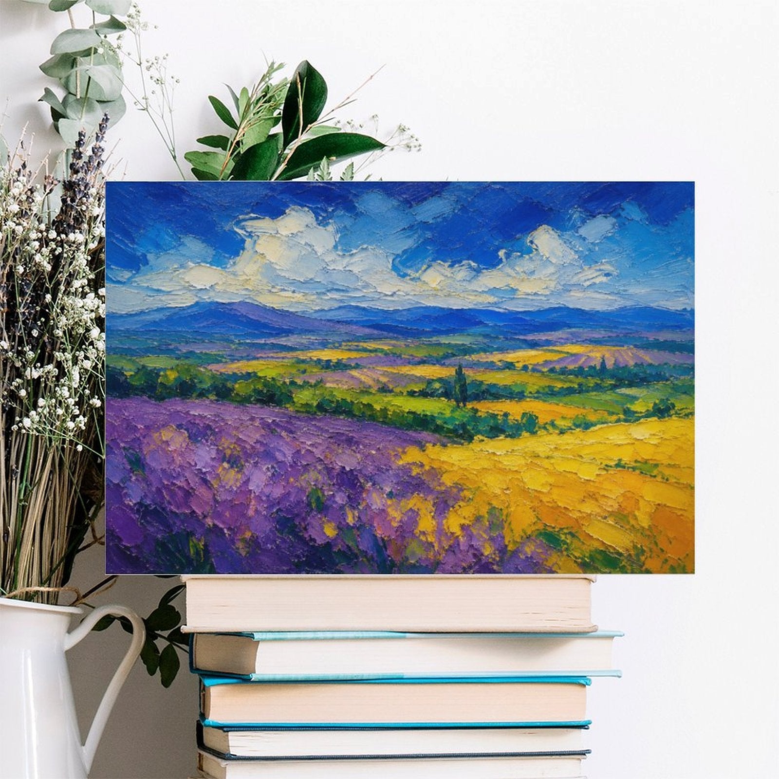 Provence Lavender Field Impressionist Framed Canvas Wall Art | Purple Yellow Landscape Textured Print