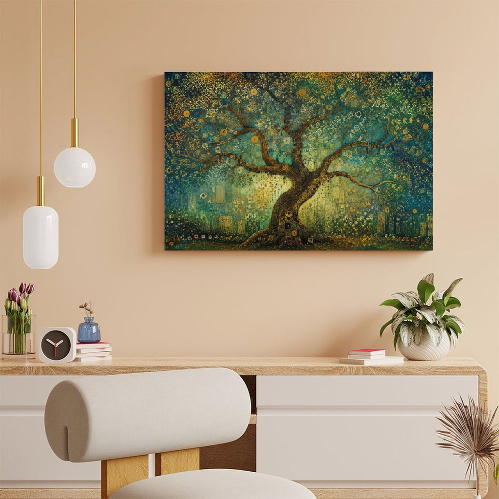 Klimt-Style Tree of Life Gold Mosaic Framed Canvas Wall Art | Art Nouveau Teal Print