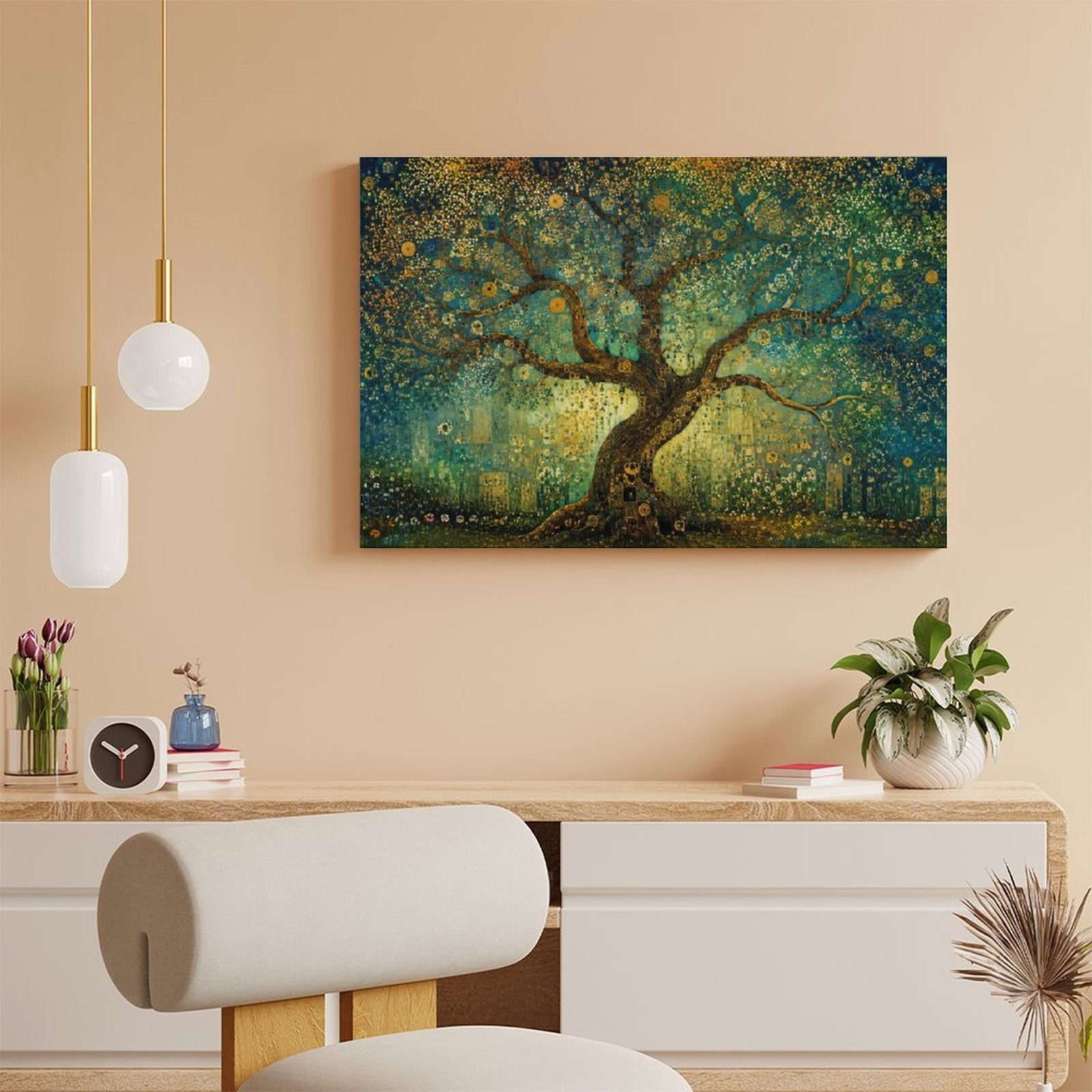 Klimt-Style Tree of Life Gold Mosaic Framed Canvas Wall Art | Art Nouveau Teal Print