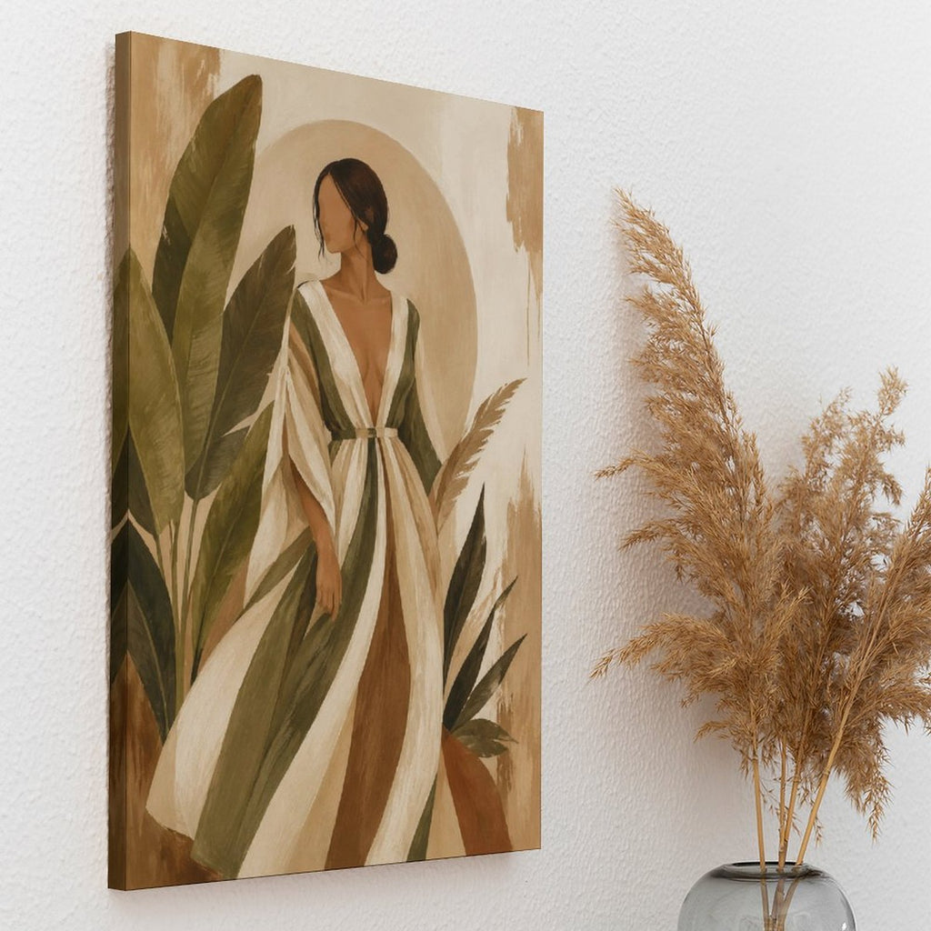 Boho Woman Striped Dress Tropical Leaves Framed Canvas Wall Art | Neutral Figurative Botanical Print