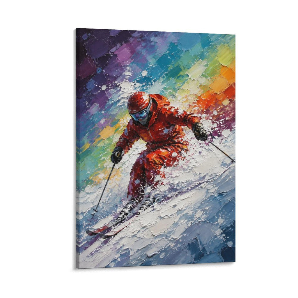 Dynamic Skier Red Suit Colorful Abstract Winter Sports Textured Framed Canvas Wall Art