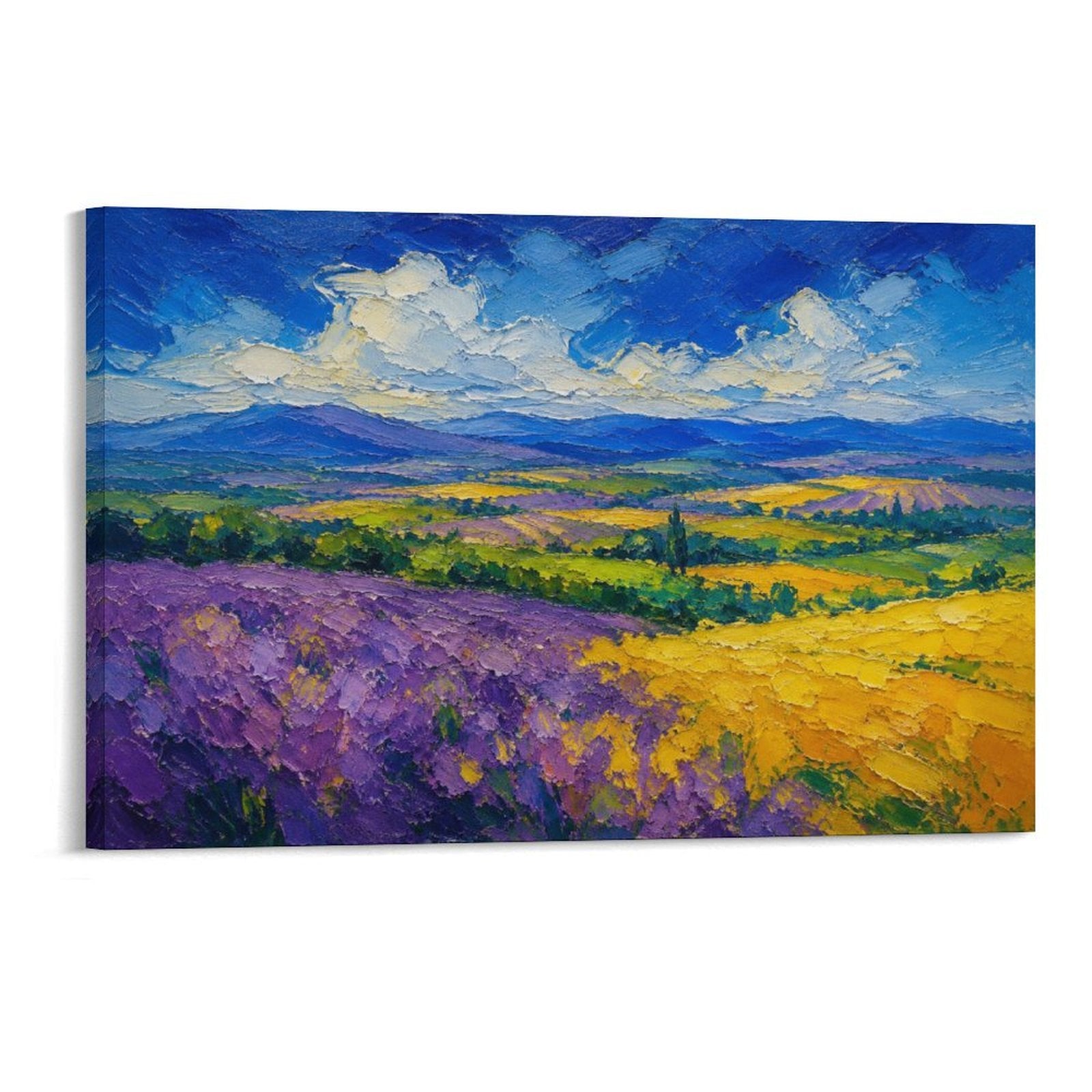 Provence Lavender Field Impressionist Purple Yellow Landscape Textured Framed Canvas Wall Art