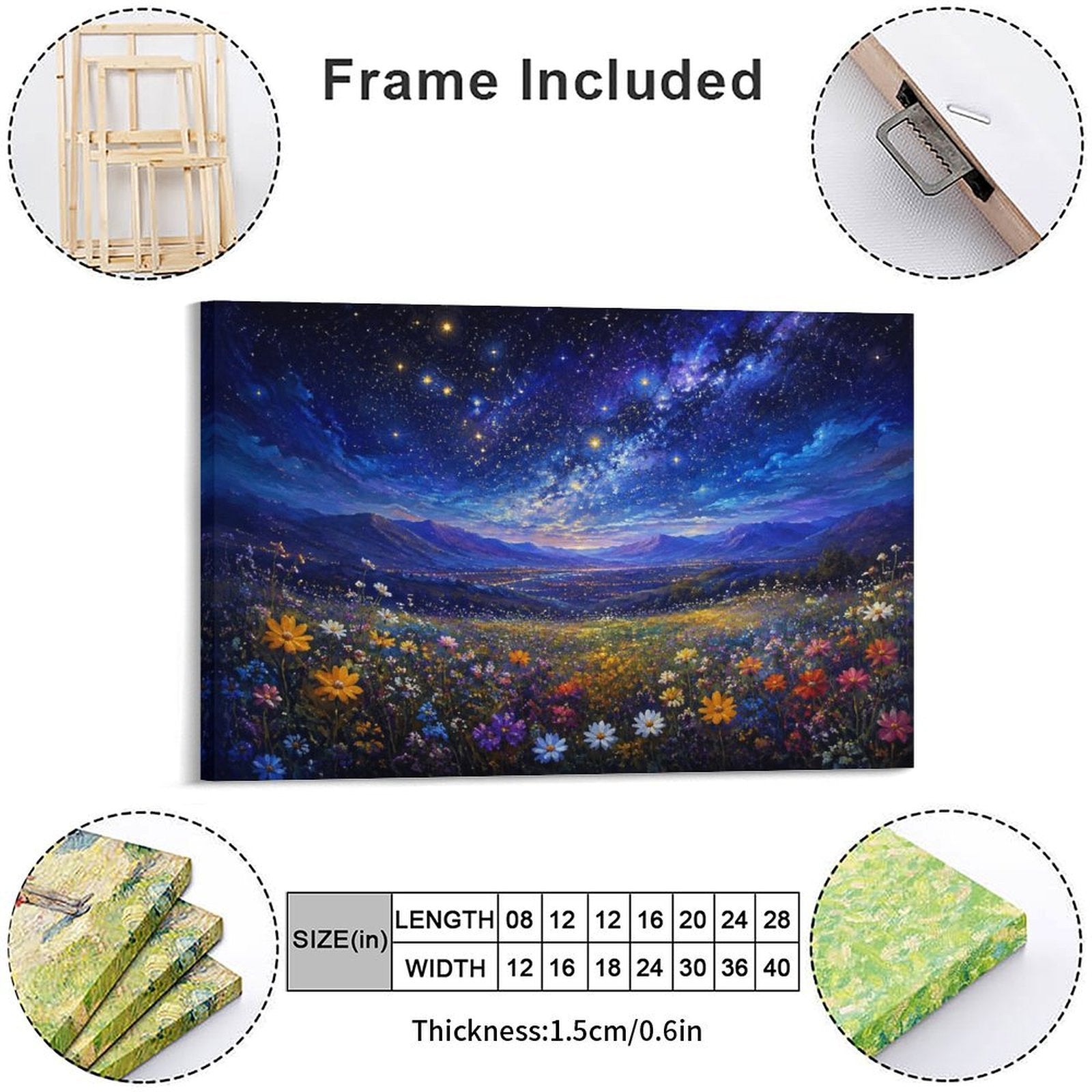 Starry Night Wildflower Meadow Framed Canvas Wall Art | Galaxy Sky Colorful Floral Landscape Print