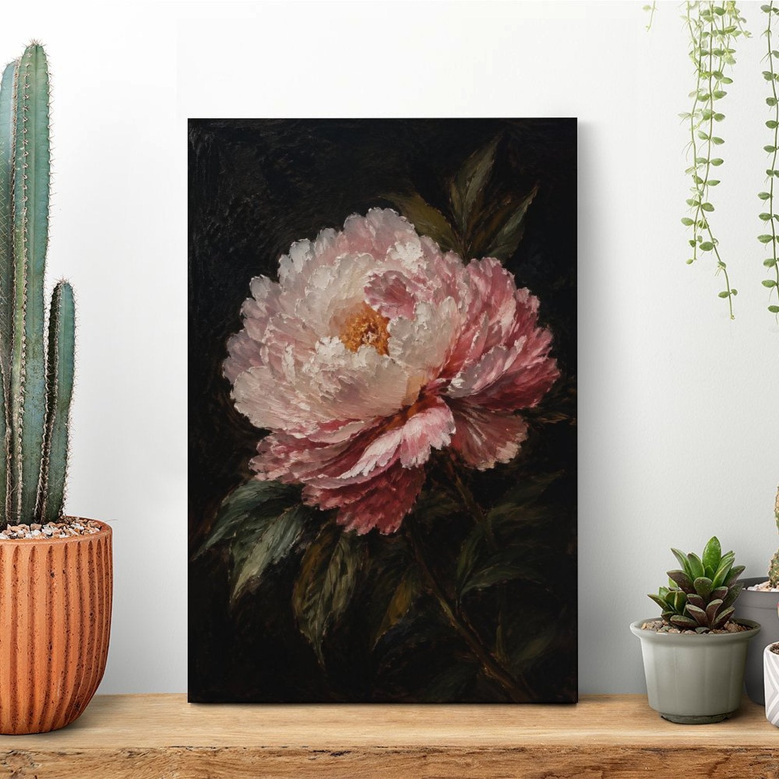 Pink Peony Dark Background Dutch Master Framed Canvas Wall Art | Old Master Floral Still Life Print