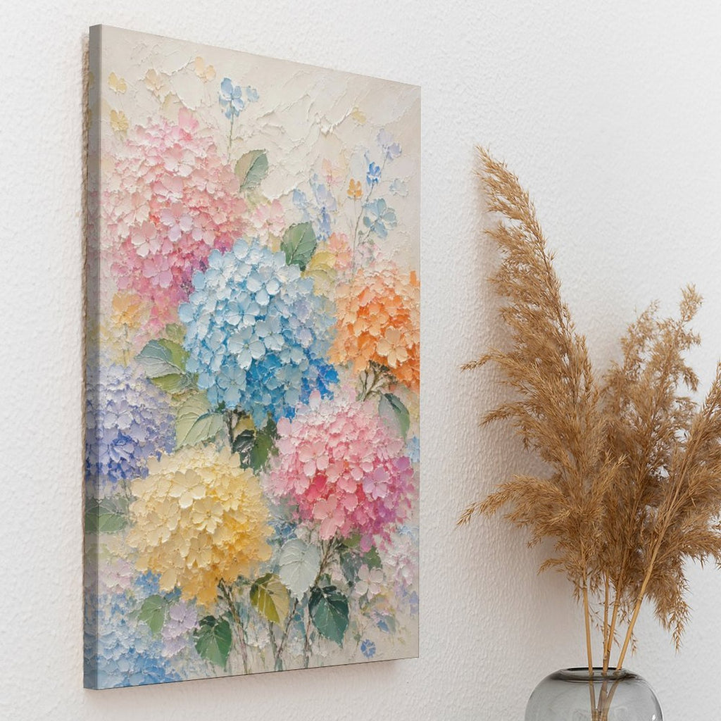 Colorful Hydrangea Garden Textured Framed Canvas Wall Art | Pastel Floral Relief Print
