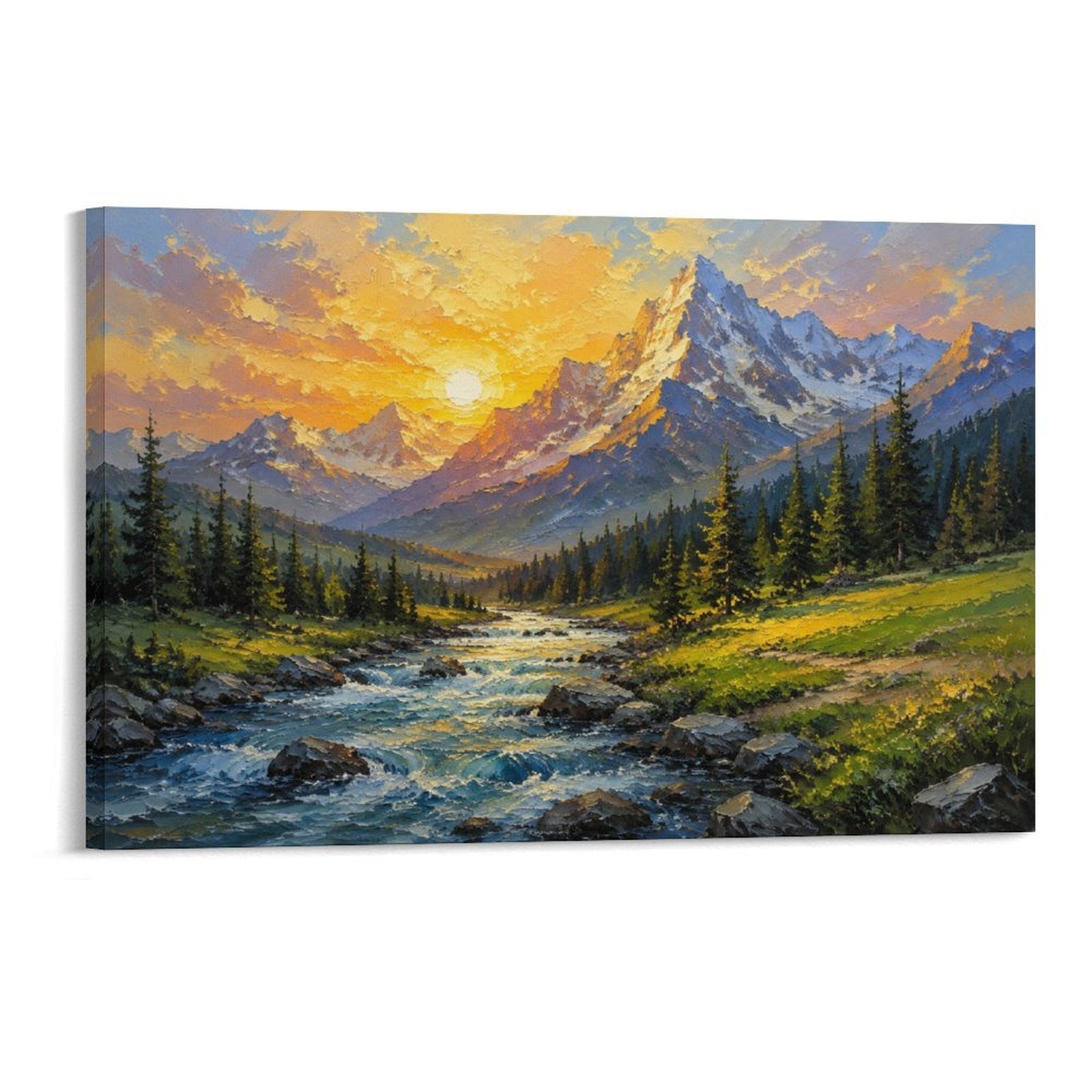 Mountain Stream Golden Sunset Impressionist Alpine Landscape Framed Canvas Wall Art