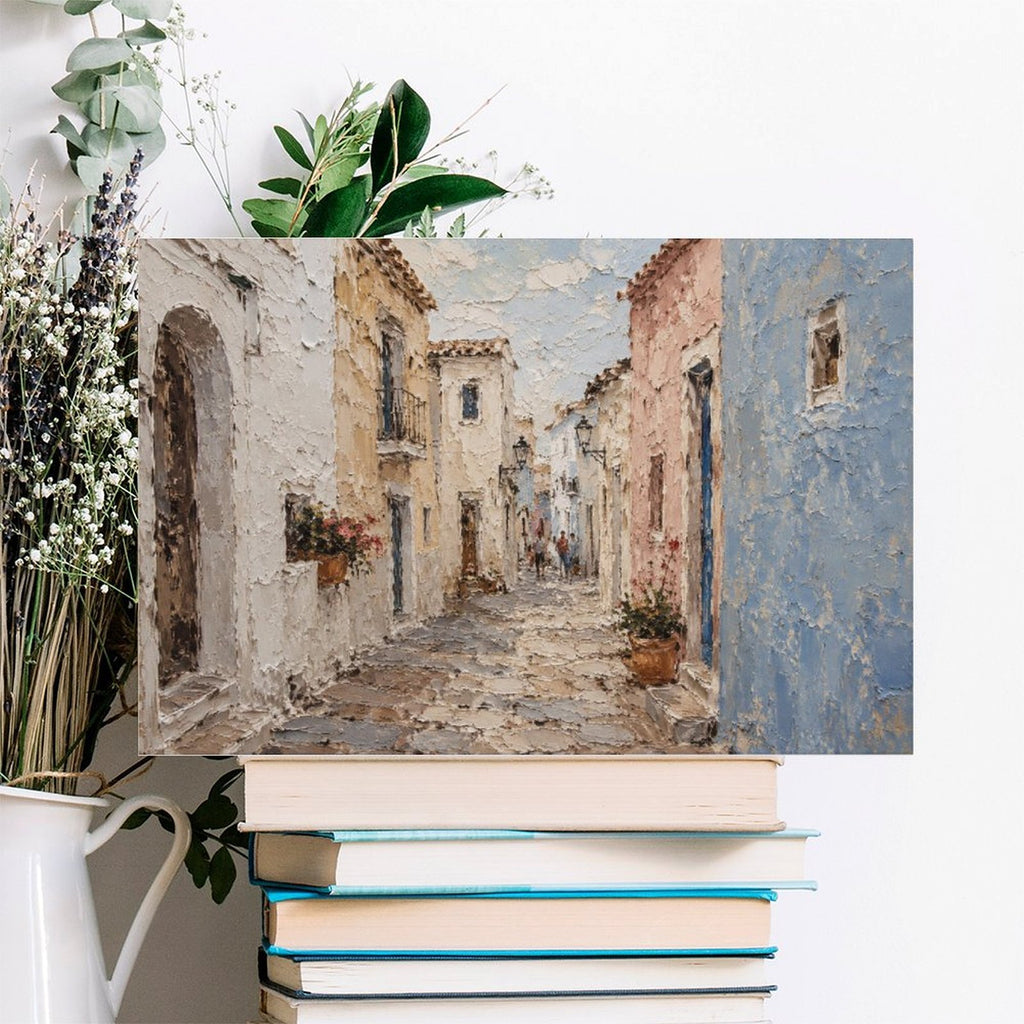 Mediterranean White Village Alley Framed Canvas Wall Art | Textured European Street Print