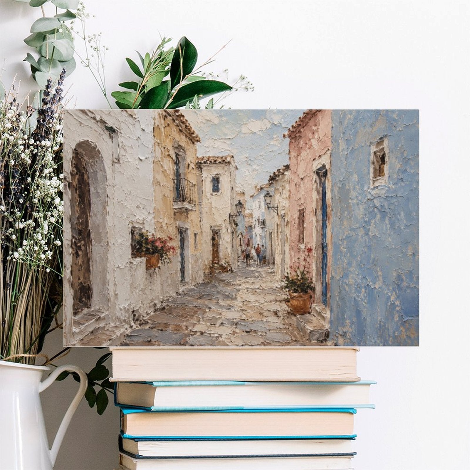 Mediterranean White Village Alley Framed Canvas Wall Art | Textured European Street Print