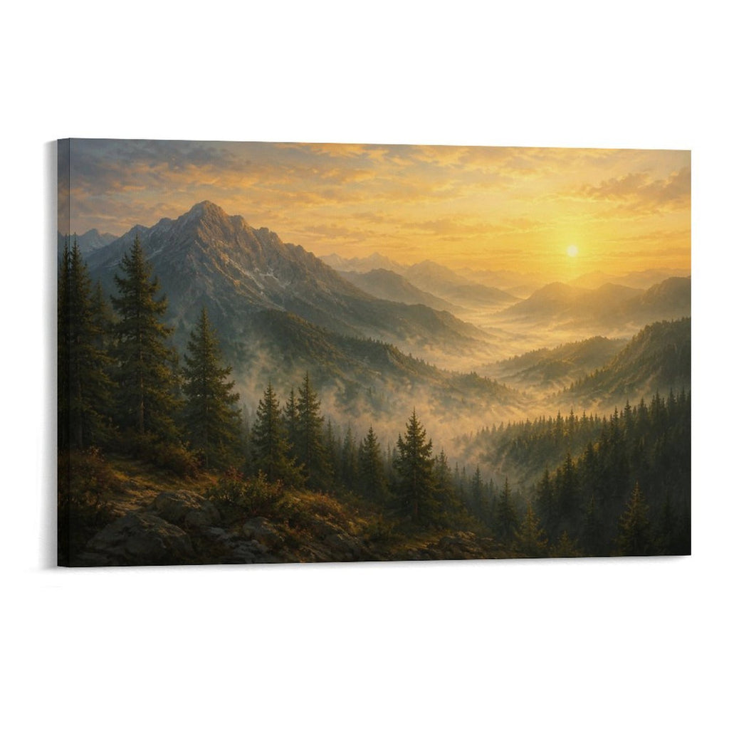 Alpine Mountain Valley Sunrise Old Master Golden Landscape Framed Canvas Wall Art