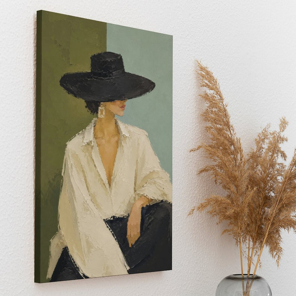 Minimalist Woman Black Hat White Shirt Framed Canvas Wall Art | Modern Fashion Portrait Print