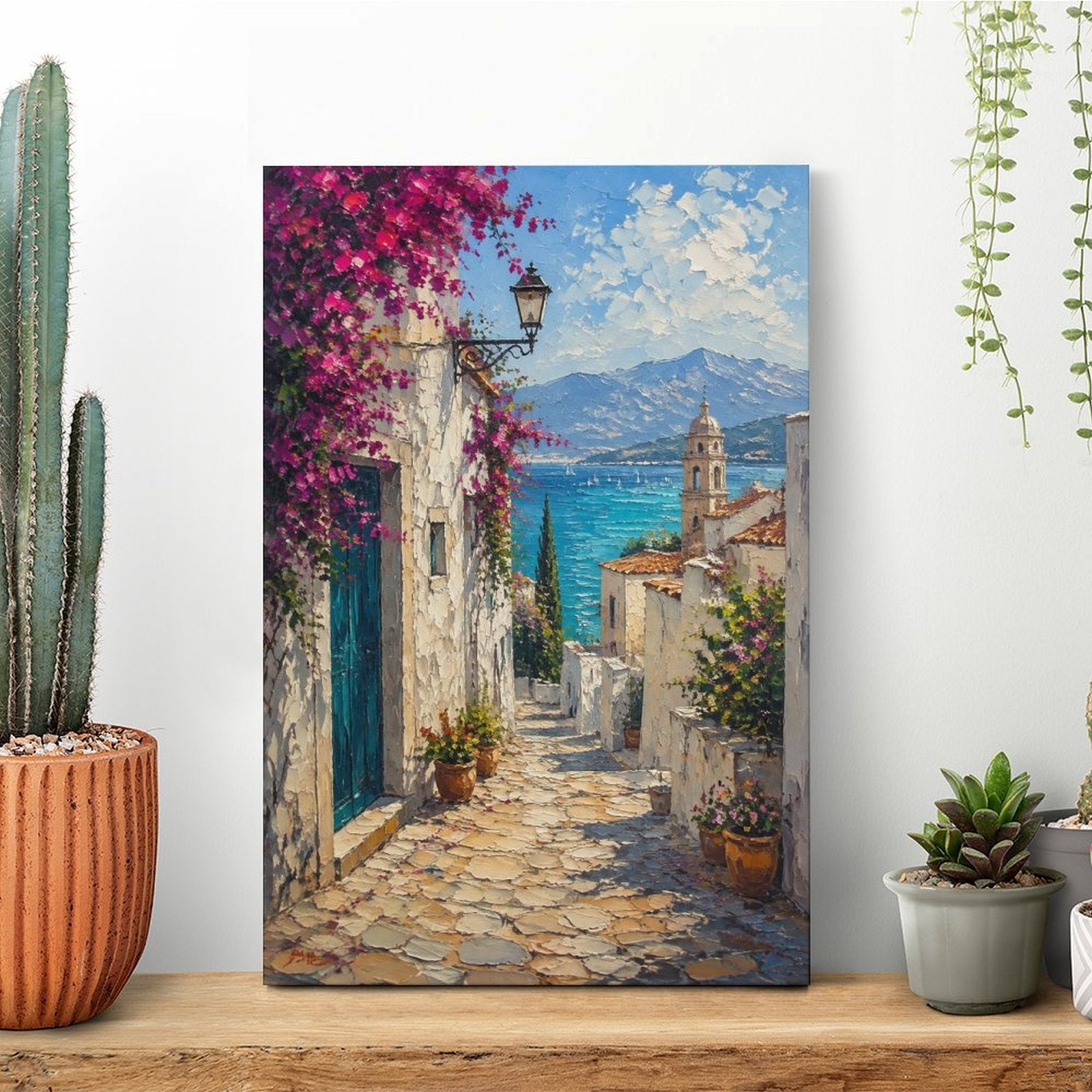 Mediterranean Cobblestone Alley Bougainvillea Framed Canvas Wall Art | Impressionist Coastal Village Print