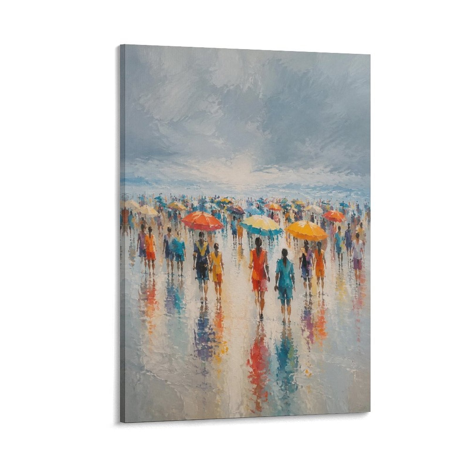 Rainy Beach Crowd Colorful Umbrellas Impressionist Coastal Figurative Framed Canvas Wall Art