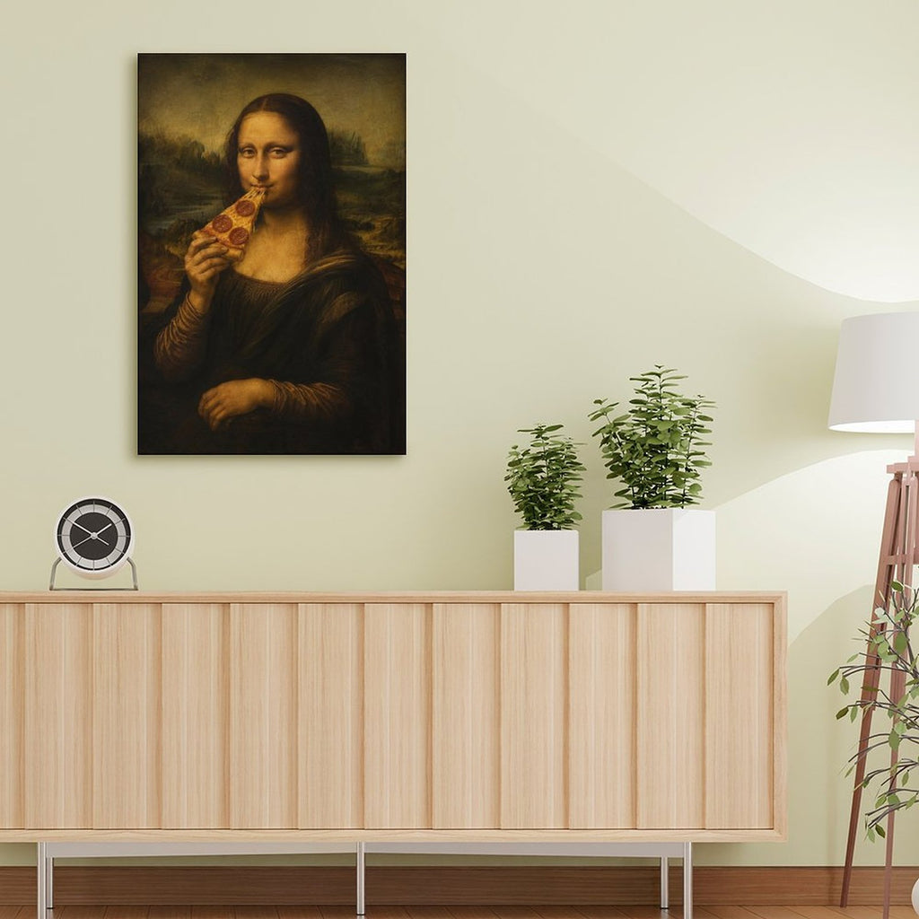 Mona Lisa Eating Pizza Funny Framed Canvas Wall Art | Humorous Pop Art Parody Print