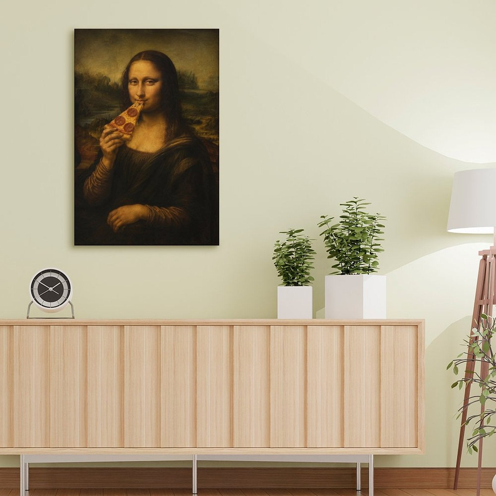Mona Lisa Eating Pizza Funny Framed Canvas Wall Art | Humorous Pop Art Parody Print