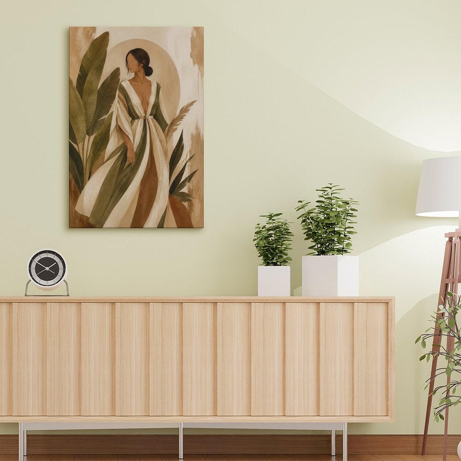 Boho Woman Striped Dress Tropical Leaves Framed Canvas Wall Art | Neutral Figurative Botanical Print