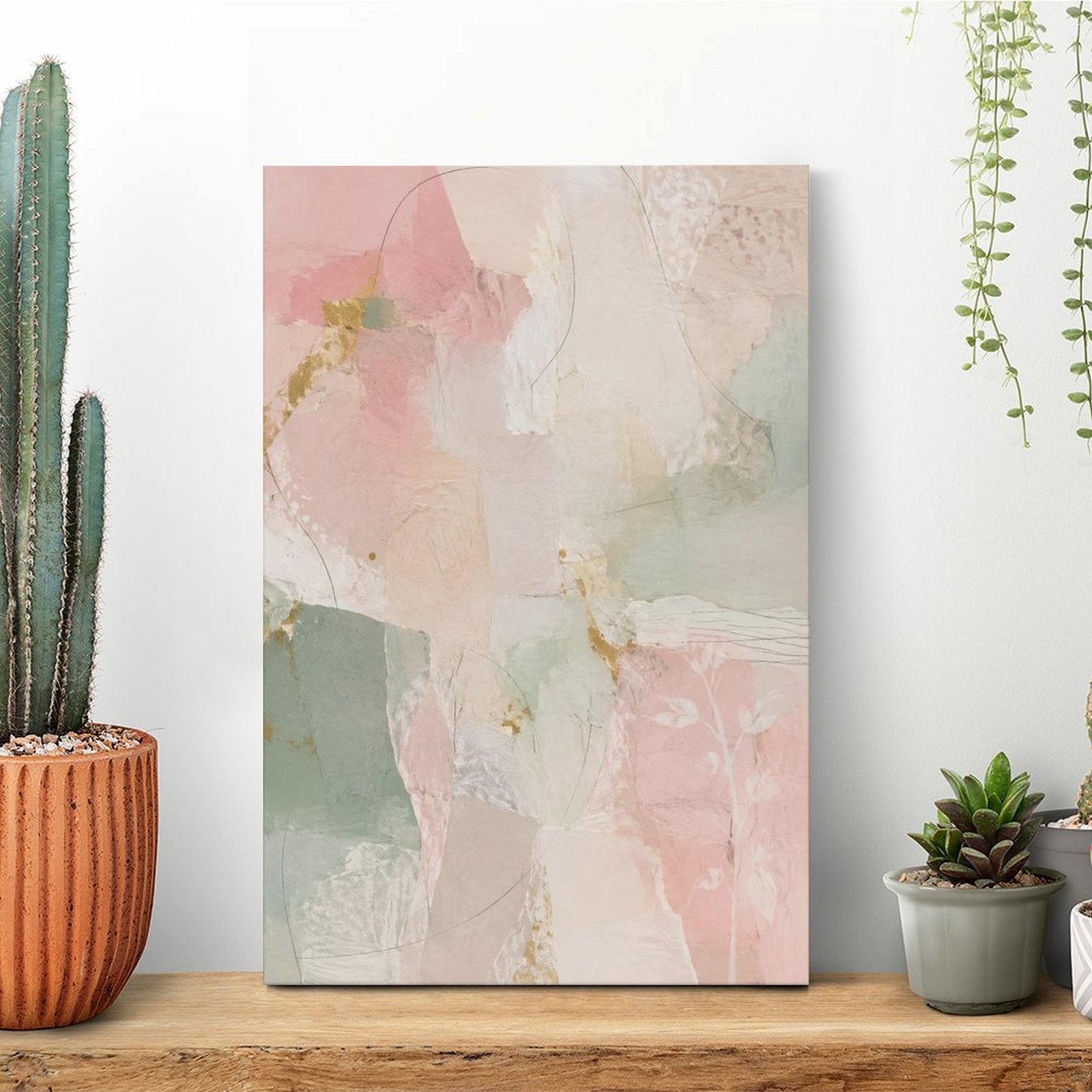 Blush Pink Mint Gold Soft Abstract Framed Canvas Wall Art | French Romantic Pastel Print