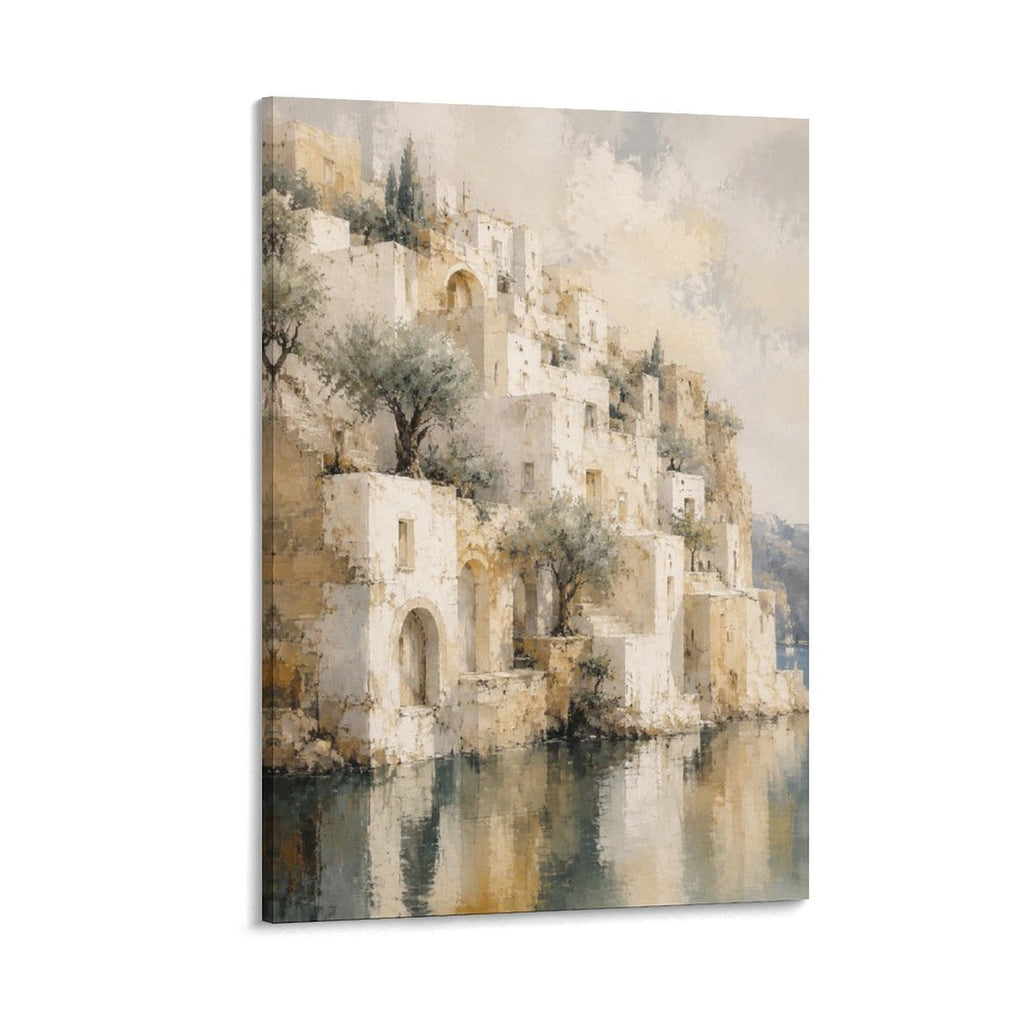Mediterranean Waterfront Village Vintage Watercolor Architecture Framed Canvas Wall Art
