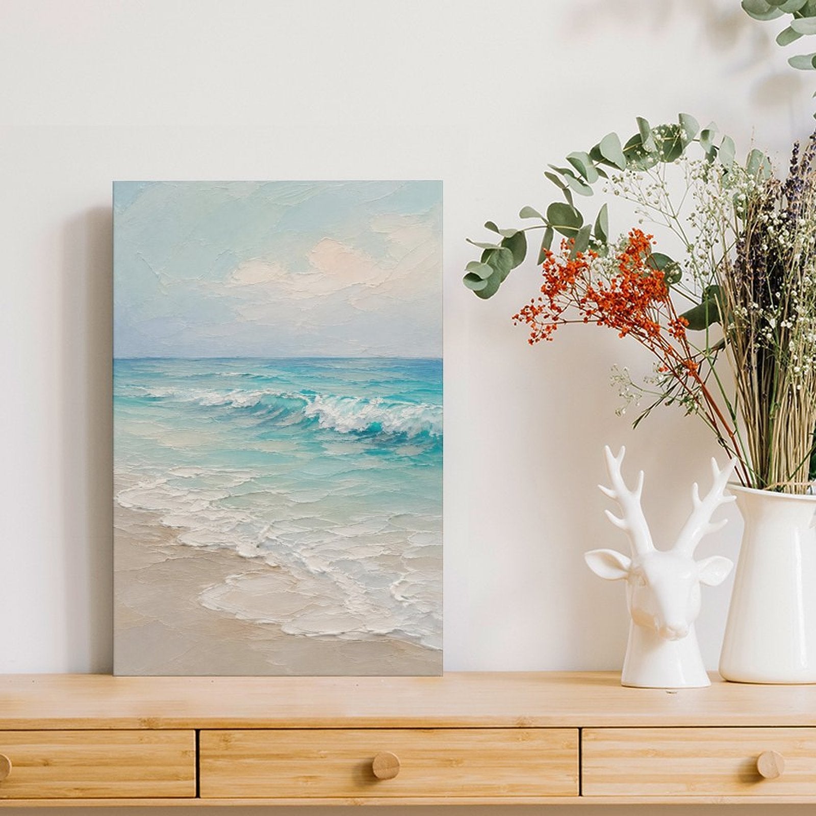 Serene Beach Waves Framed Canvas Wall Art | Soft Teal Coastal Oil Painting Print