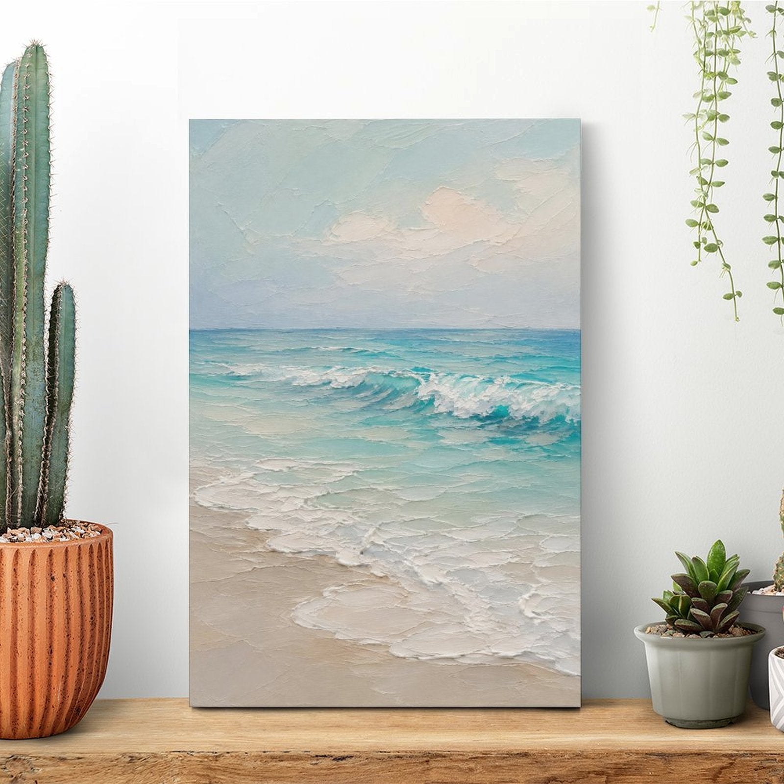 Serene Beach Waves Framed Canvas Wall Art | Soft Teal Coastal Oil Painting Print
