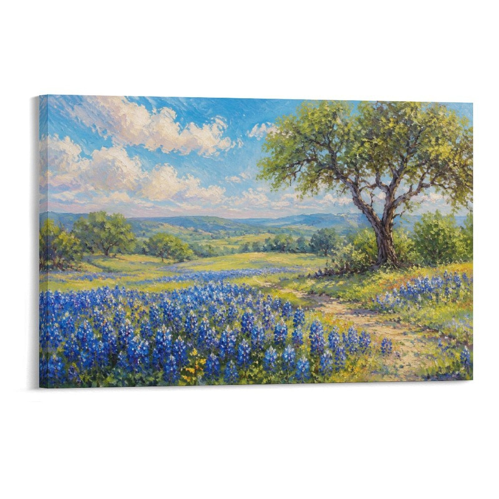 Texas Bluebonnet Field Oak Tree Impressionist Spring Meadow Framed Canvas Wall Art