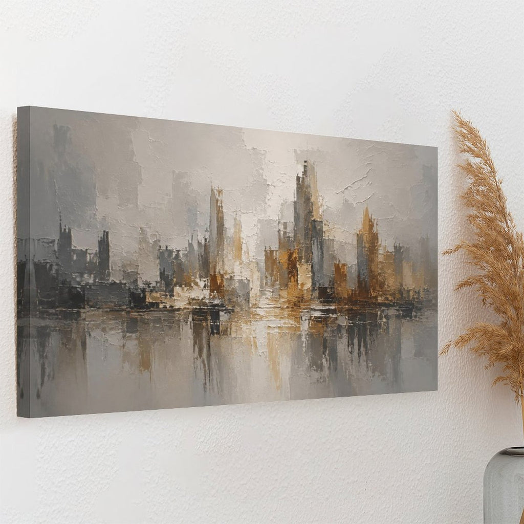 Abstract City Skyline Gold Grey Framed Canvas Wall Art | Modern Urban Textured Landscape Print