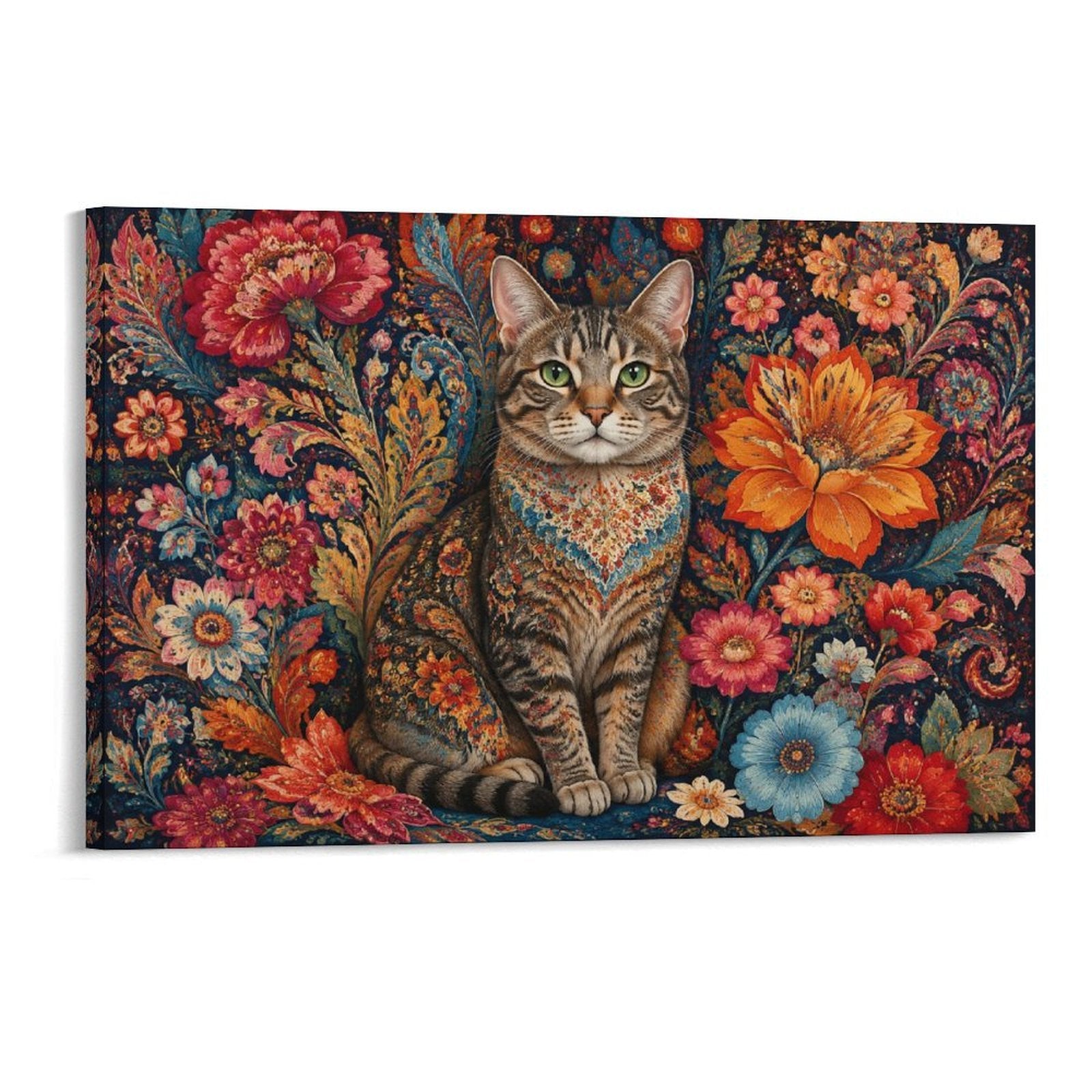 Persian Floral Tabby Cat Folk Art Botanical Animal Framed Canvas Wall Art